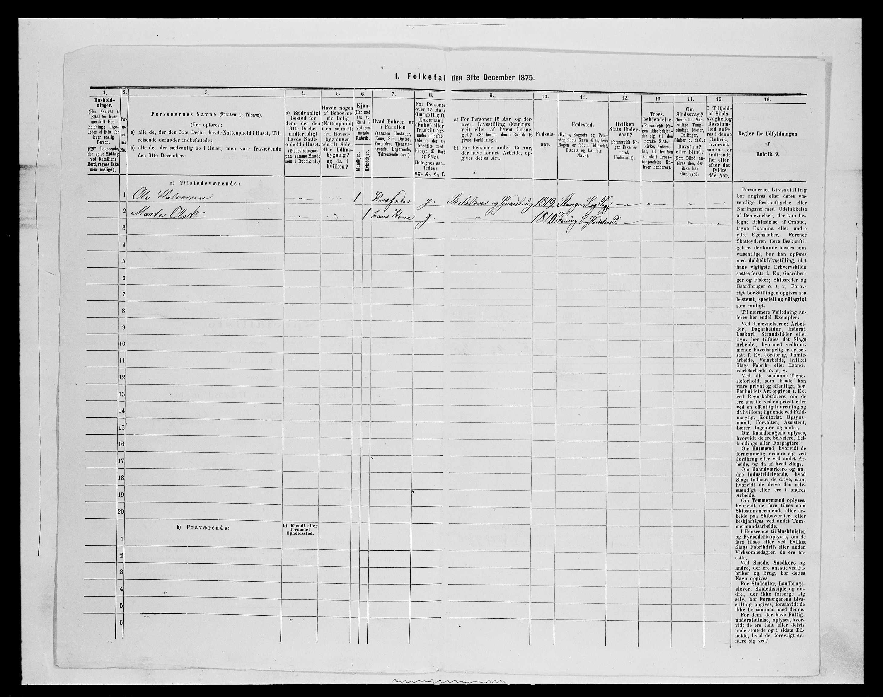 SAH, Folketelling 1875 for 0417P Stange prestegjeld, 1875, s. 1822