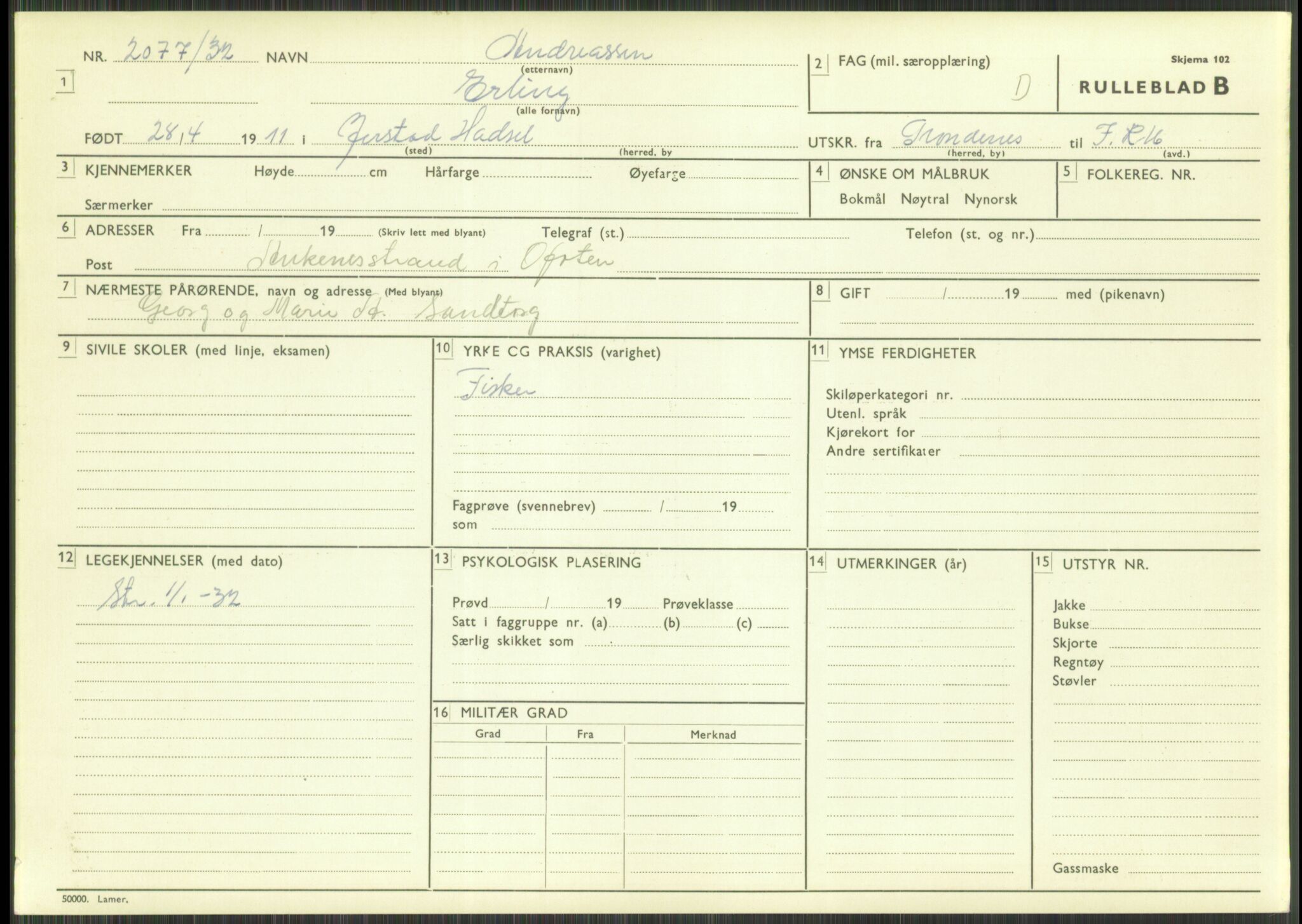 Forsvaret, Troms infanteriregiment nr. 16, AV/RA-RAFA-3146/P/Pa/L0016: Rulleblad for regimentets menige mannskaper, årsklasse 1932, 1932, s. 37