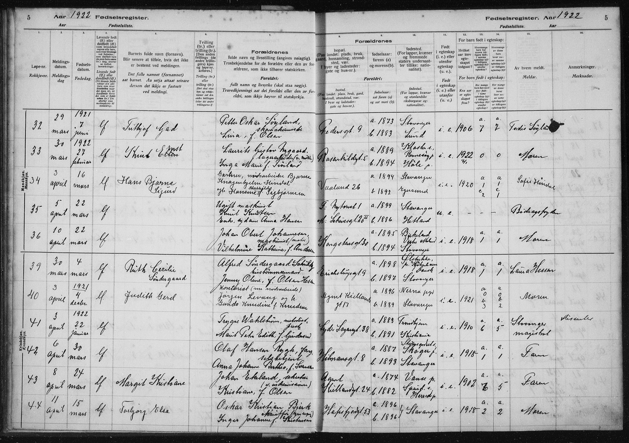 St. Petri sokneprestkontor, AV/SAST-A-101813/002/A/L0002: Fødselsregister nr. 2, 1922-1929, s. 5