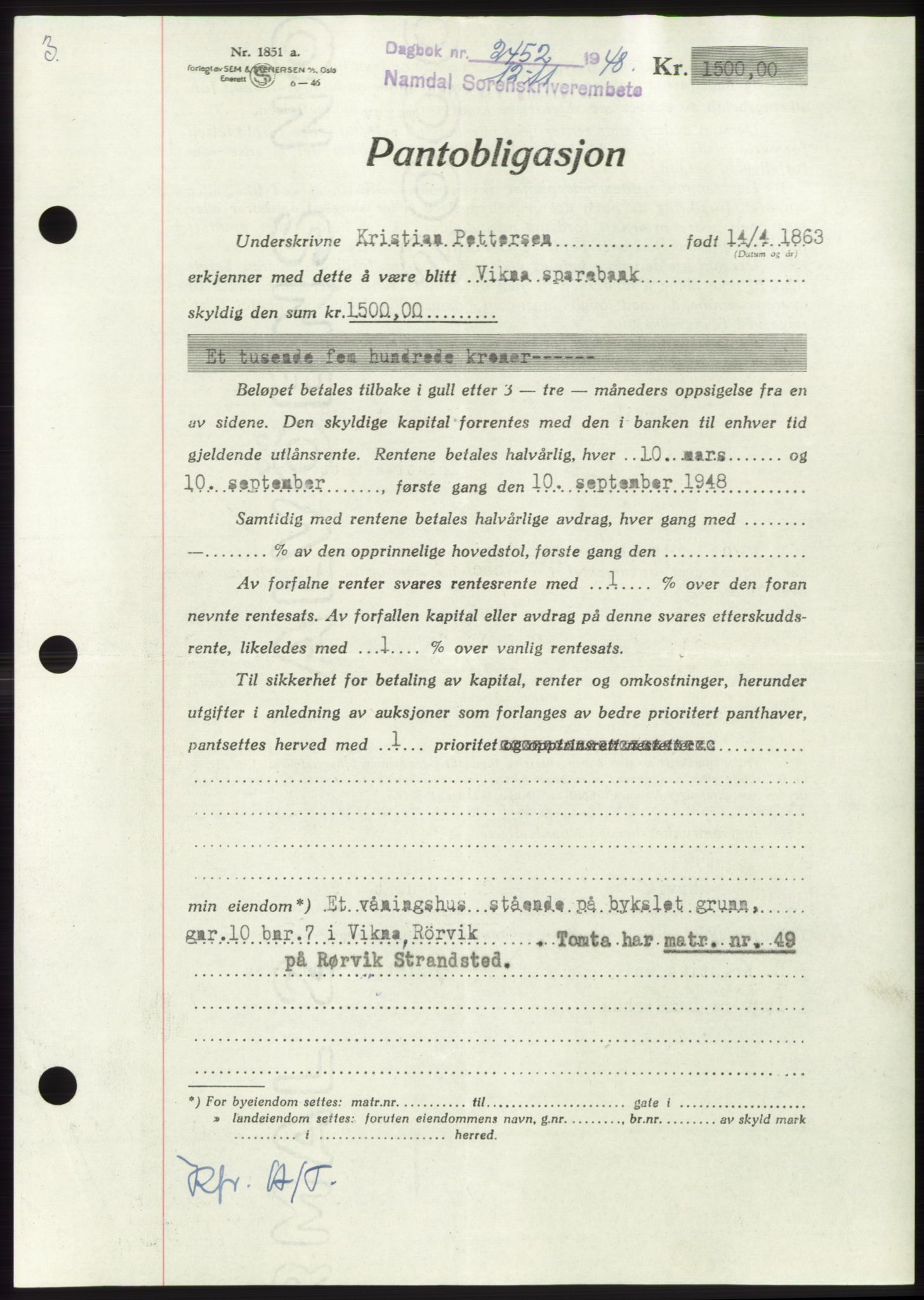Namdal sorenskriveri, SAT/A-4133/1/2/2C: Pantebok nr. -, 1948-1948, Dagboknr: 2452/1948