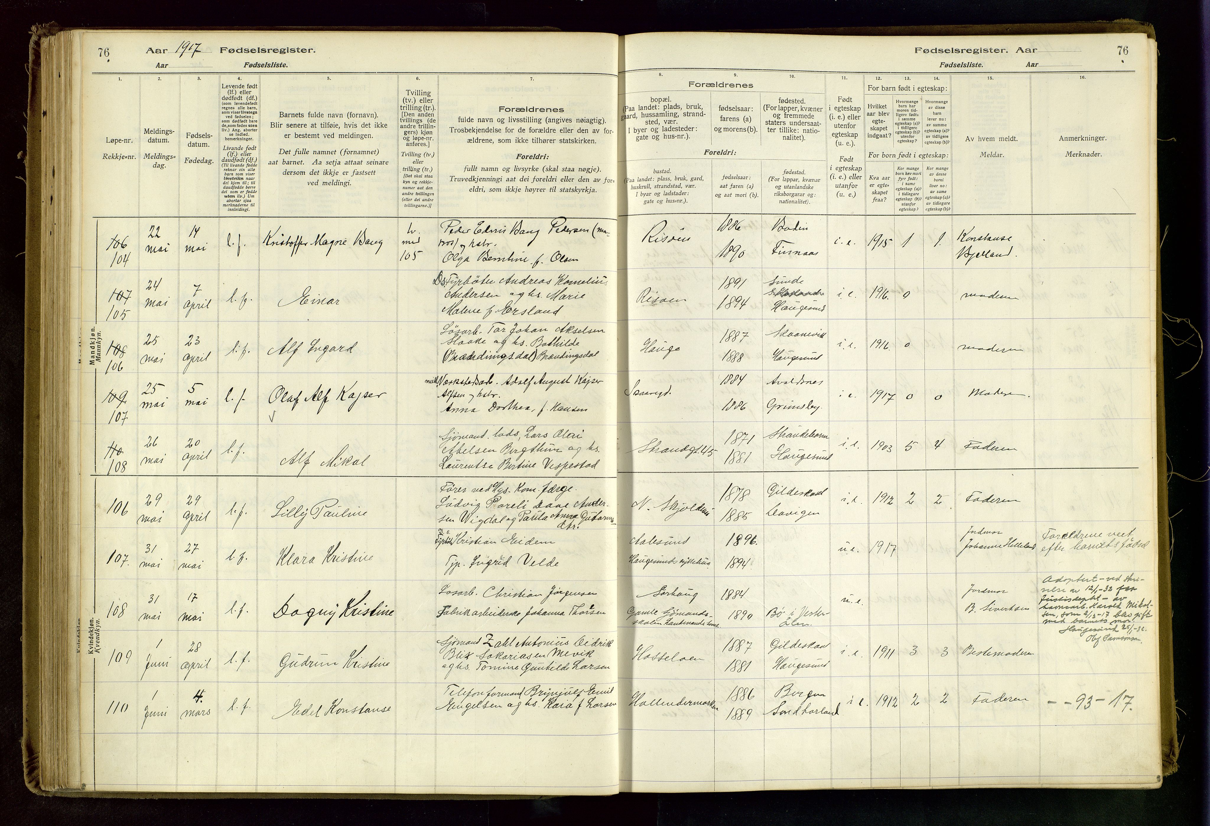 Haugesund sokneprestkontor, AV/SAST-A -101863/I/Id/L0003: Fødselsregister nr. 1, 1916-1919, s. 76