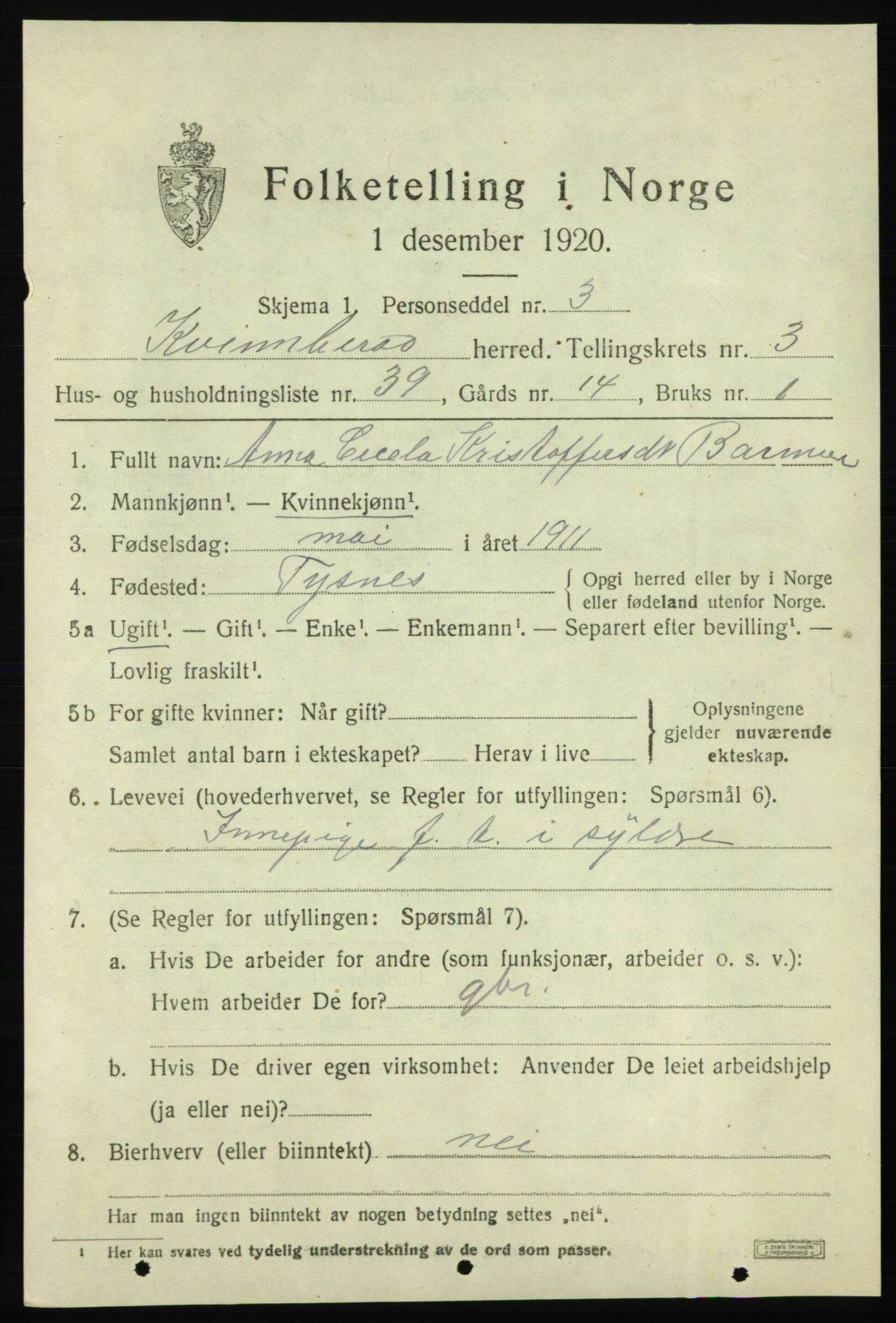 SAB, Folketelling 1920 for 1224 Kvinnherad herred, 1920, s. 4906