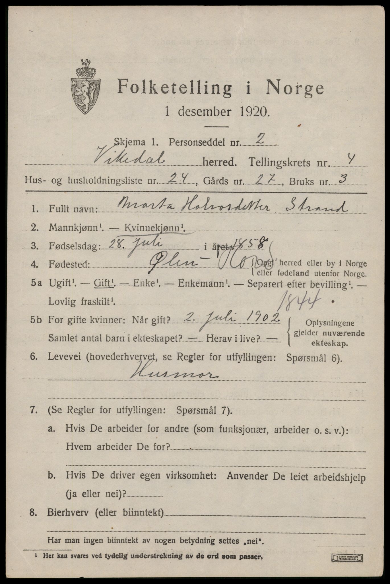 SAST, Folketelling 1920 for 1157 Vikedal herred, 1920, s. 2267