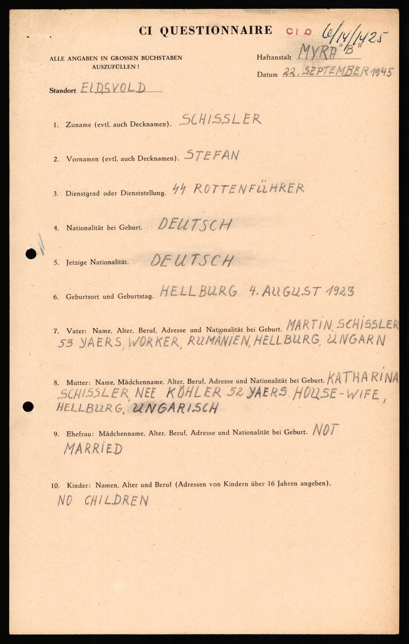 Forsvaret, Forsvarets overkommando II, RA/RAFA-3915/D/Db/L0029: CI Questionaires. Tyske okkupasjonsstyrker i Norge. Tyskere., 1945-1946, s. 213