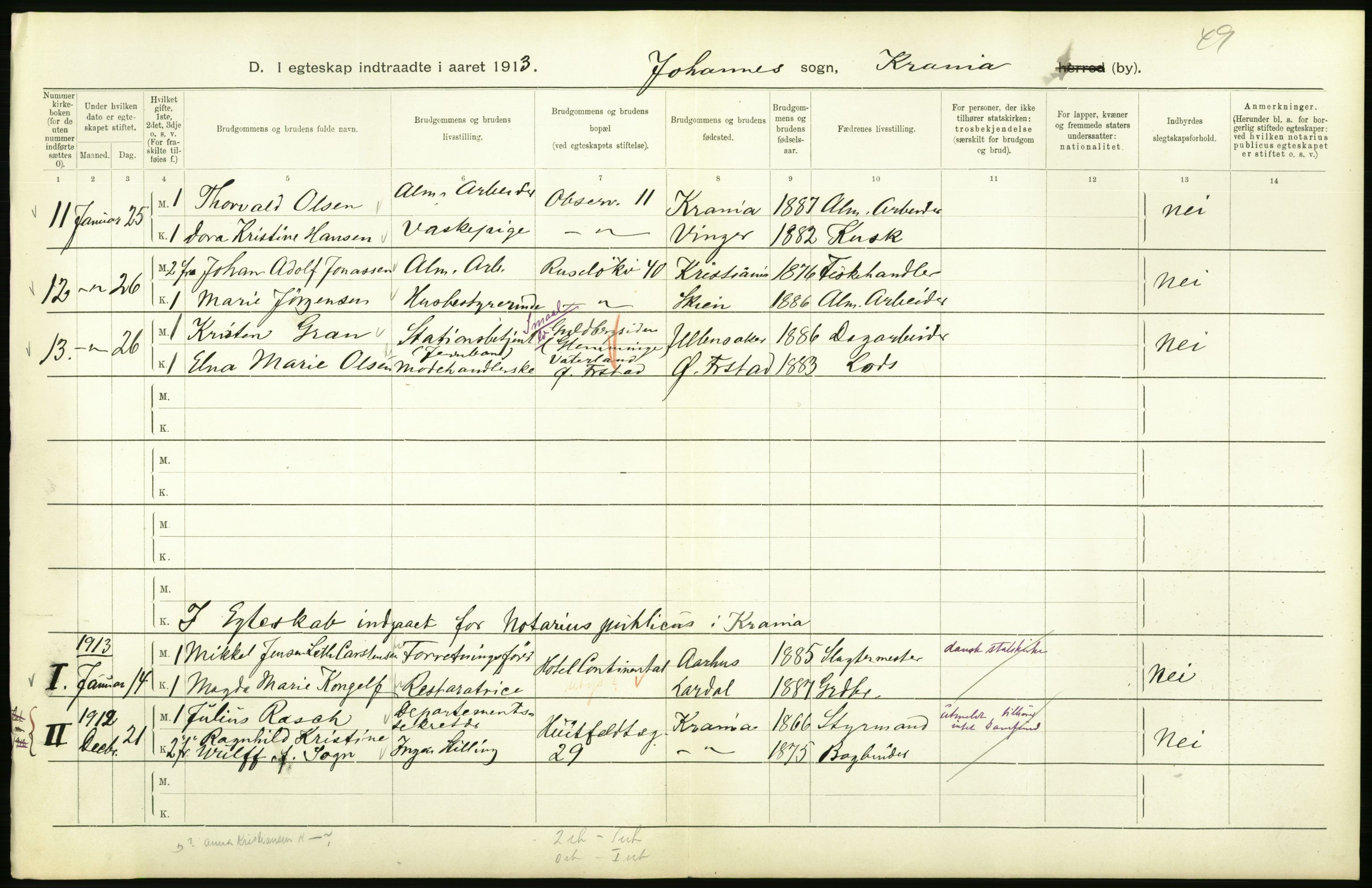 Statistisk sentralbyrå, Sosiodemografiske emner, Befolkning, AV/RA-S-2228/D/Df/Dfb/Dfbc/L0008: Kristiania: Gifte., 1913, s. 752