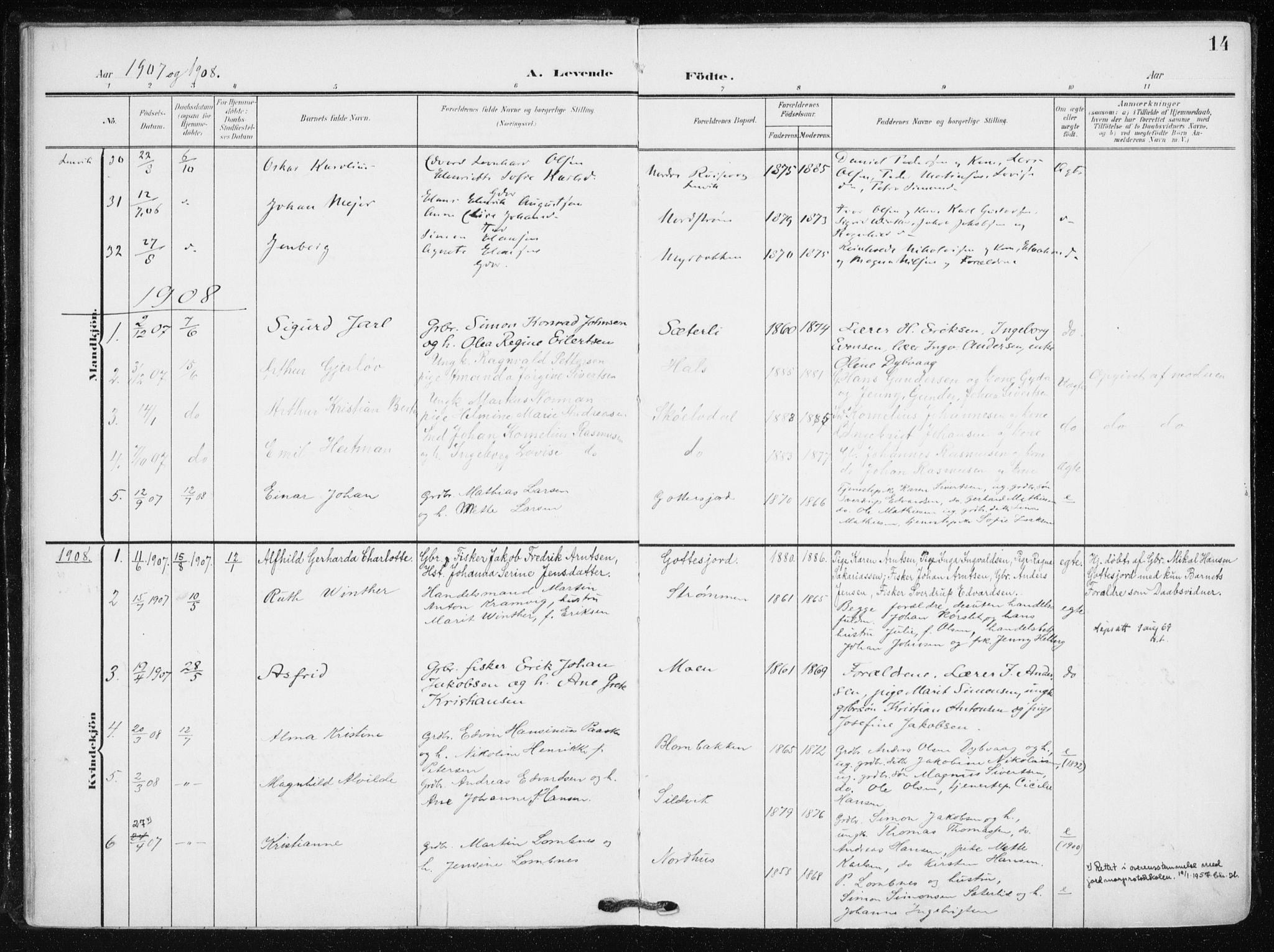 Tranøy sokneprestkontor, AV/SATØ-S-1313/I/Ia/Iaa/L0012kirke: Ministerialbok nr. 12, 1905-1918, s. 14