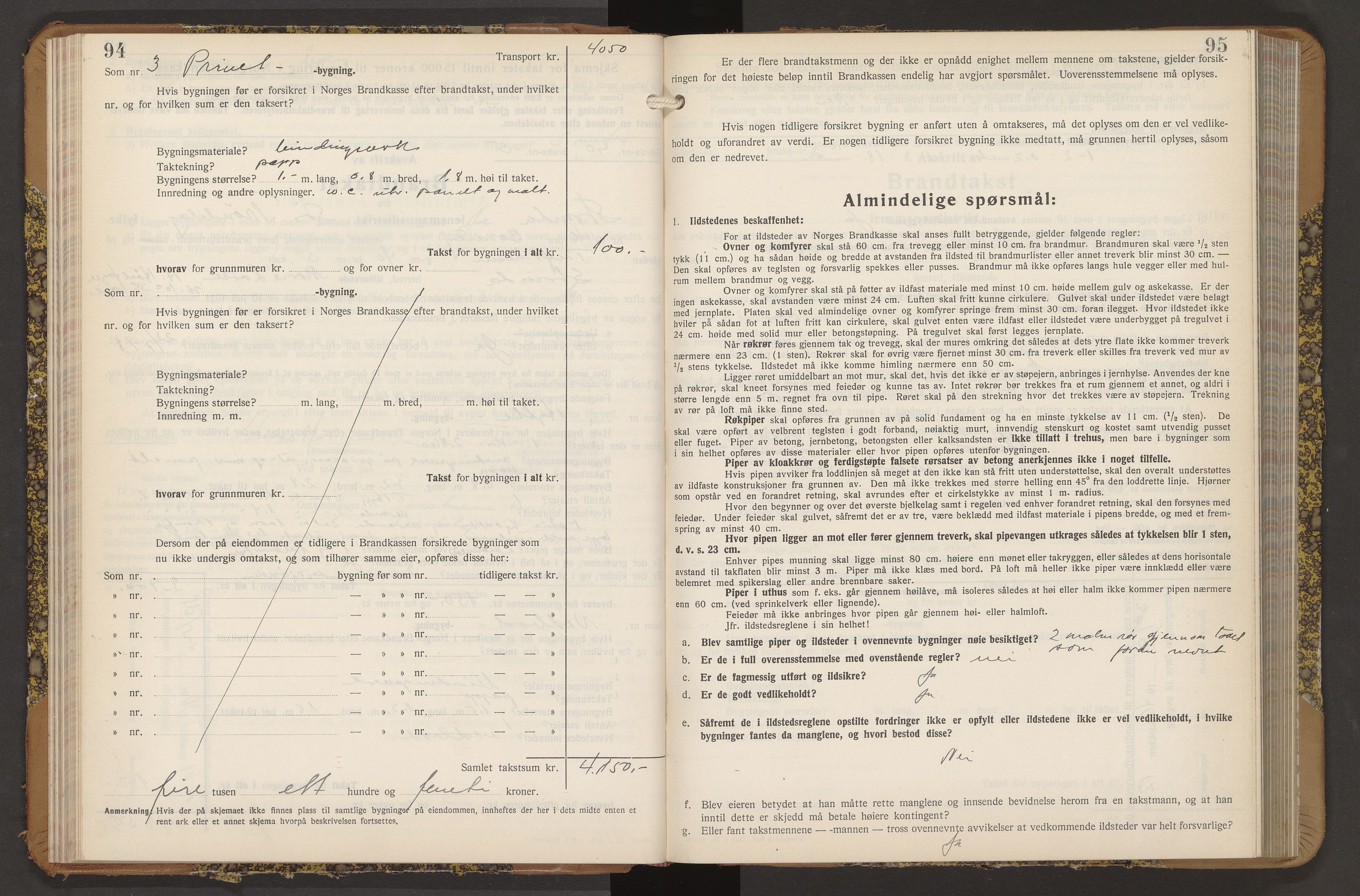 Norges Brannkasse Strinda, AV/SAT-A-5516/Fb/L0009: Branntakstprotokoll, 1940-1946, s. 94-95