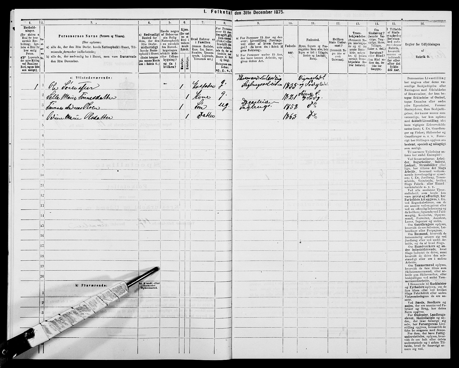 SAK, Folketelling 1875 for 1018P Søgne prestegjeld, 1875, s. 911