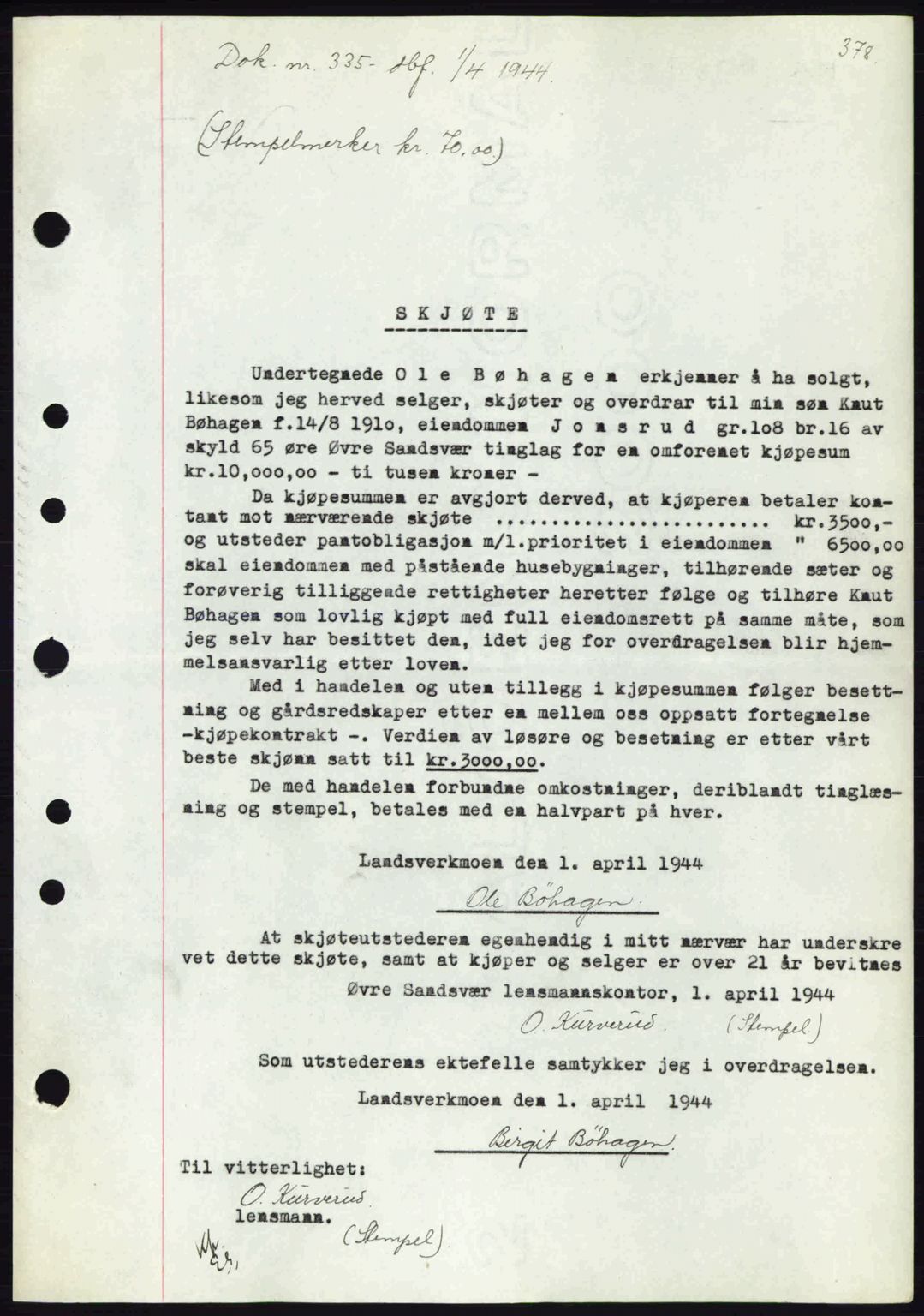 Numedal og Sandsvær sorenskriveri, SAKO/A-128/G/Ga/Gaa/L0055: Pantebok nr. A7, 1943-1944, Dagboknr: 335/1944