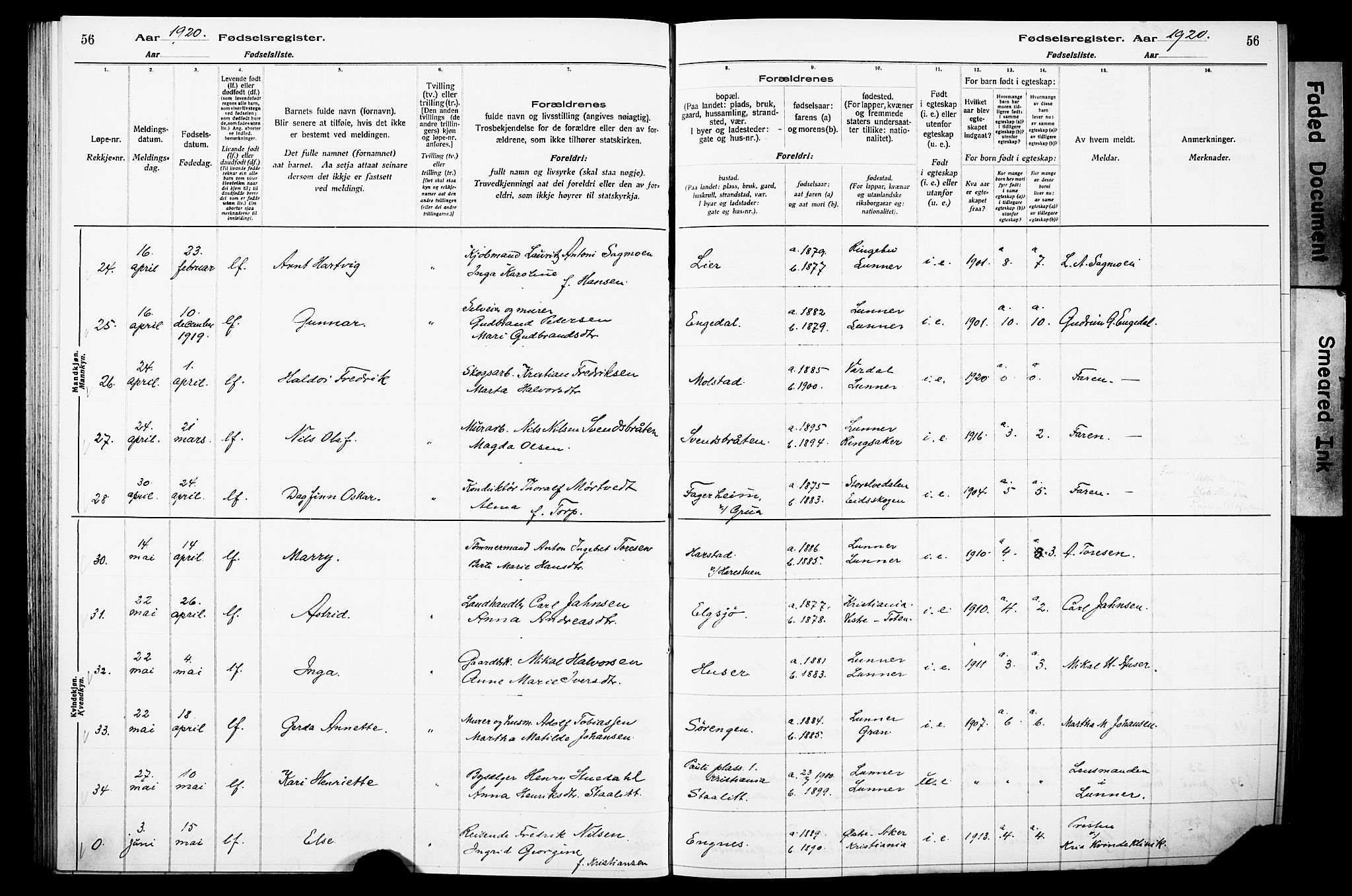 Lunner prestekontor, AV/SAH-PREST-118/I/Id/L0001: Fødselsregister nr. 1, 1916-1932, s. 56