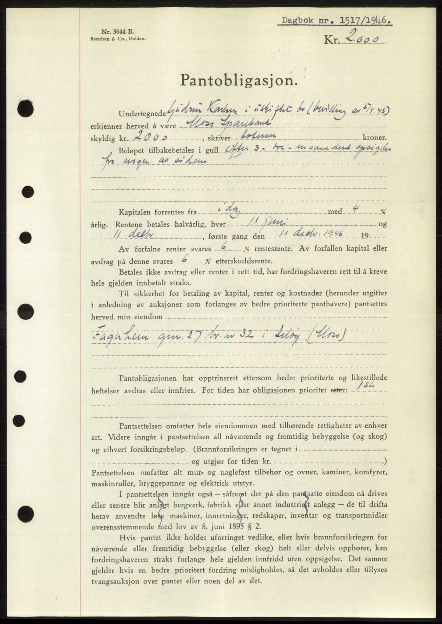 Moss sorenskriveri, SAO/A-10168: Pantebok nr. B15, 1946-1946, Dagboknr: 1517/1946