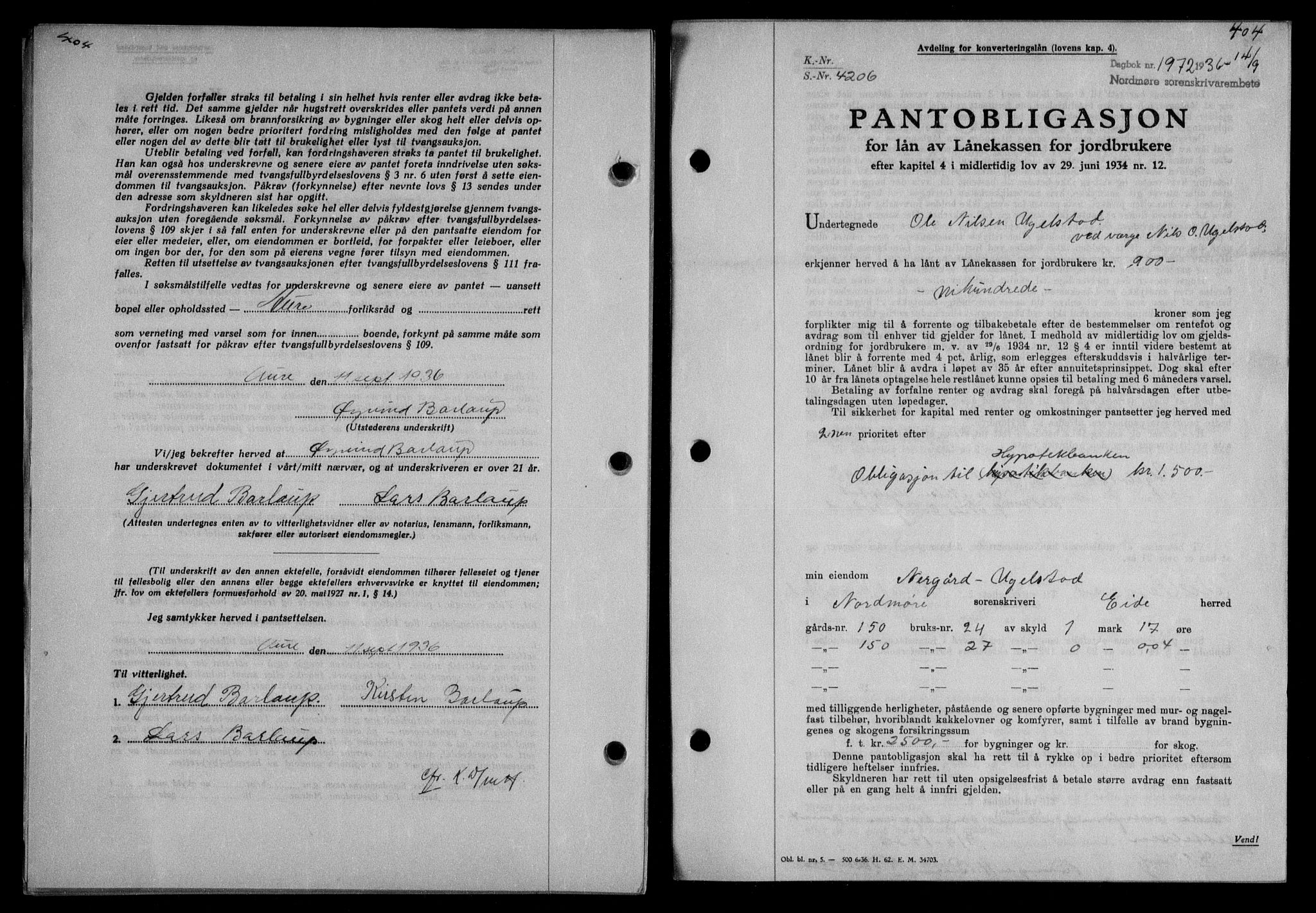 Nordmøre sorenskriveri, AV/SAT-A-4132/1/2/2Ca/L0089: Pantebok nr. 79, 1936-1936, Dagboknr: 1972/1936