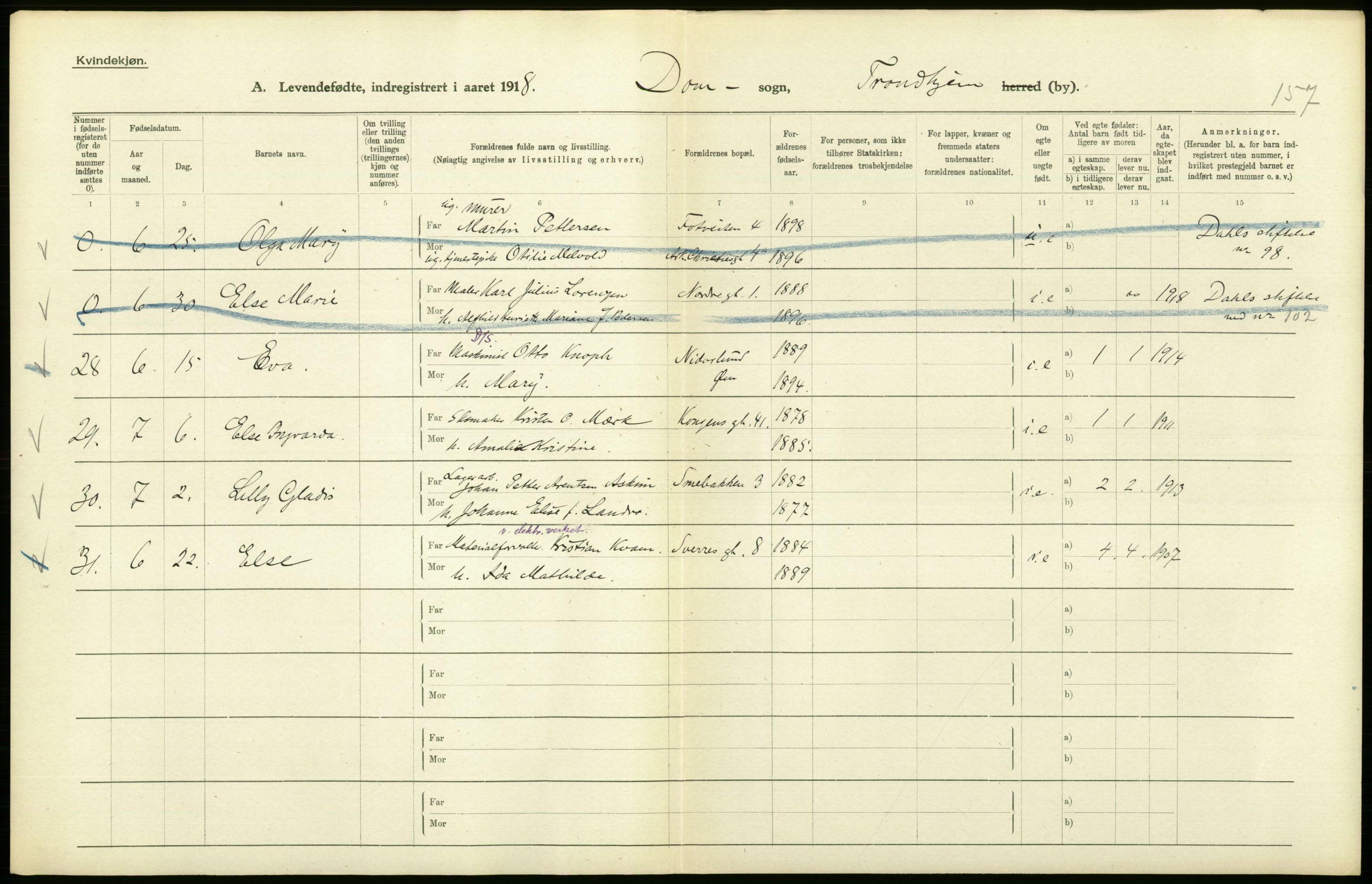 Statistisk sentralbyrå, Sosiodemografiske emner, Befolkning, AV/RA-S-2228/D/Df/Dfb/Dfbh/L0048: Trondheim: Levendefødte menn og kvinner, gifte., 1918, s. 548