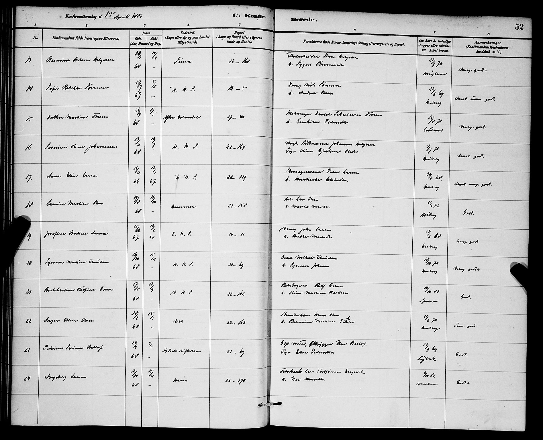 Korskirken sokneprestembete, AV/SAB-A-76101/H/Hab: Klokkerbok nr. C 3, 1880-1892, s. 52