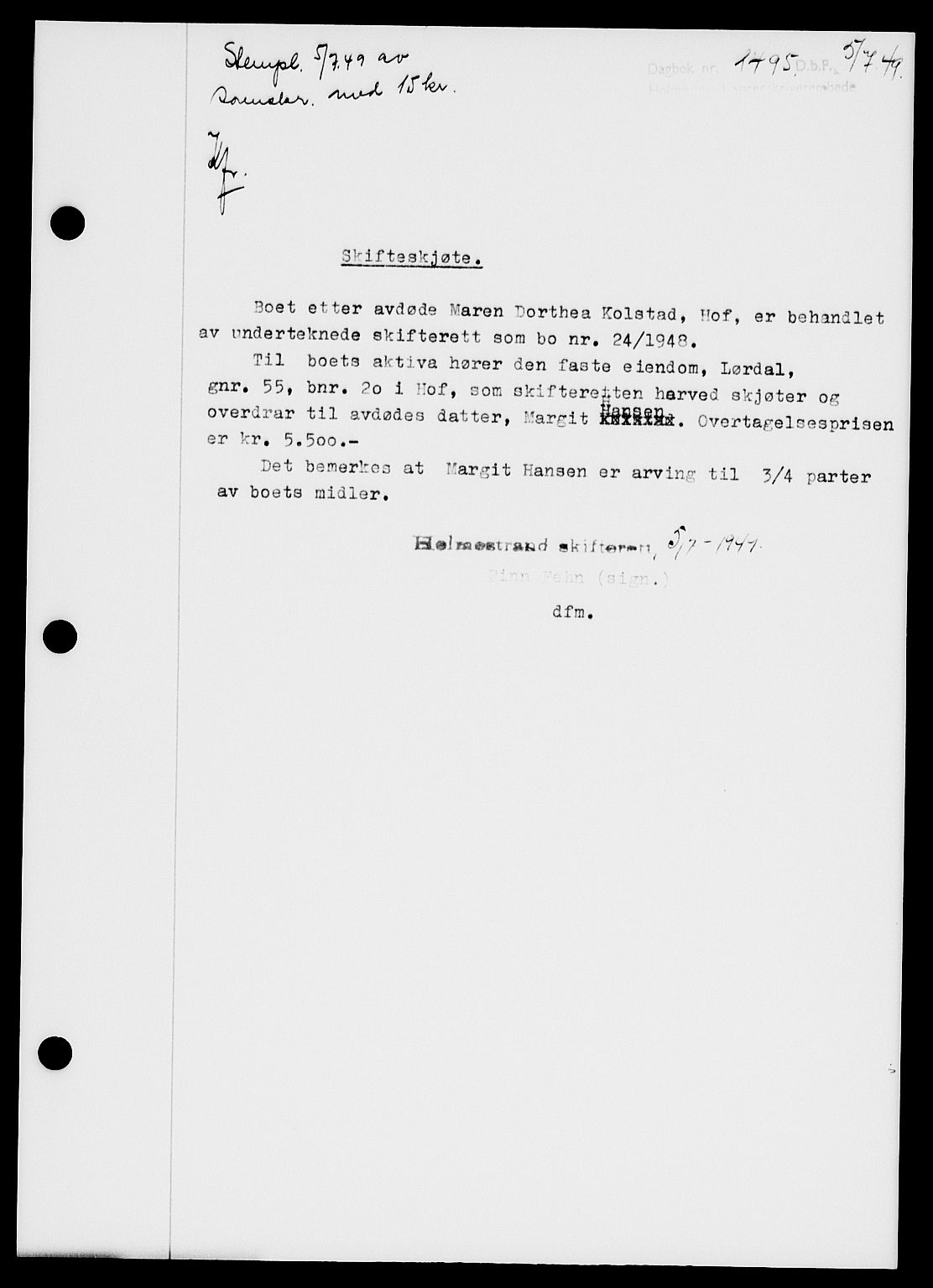 Holmestrand sorenskriveri, SAKO/A-67/G/Ga/Gaa/L0067: Pantebok nr. A-67, 1949-1949, Dagboknr: 1495/1949