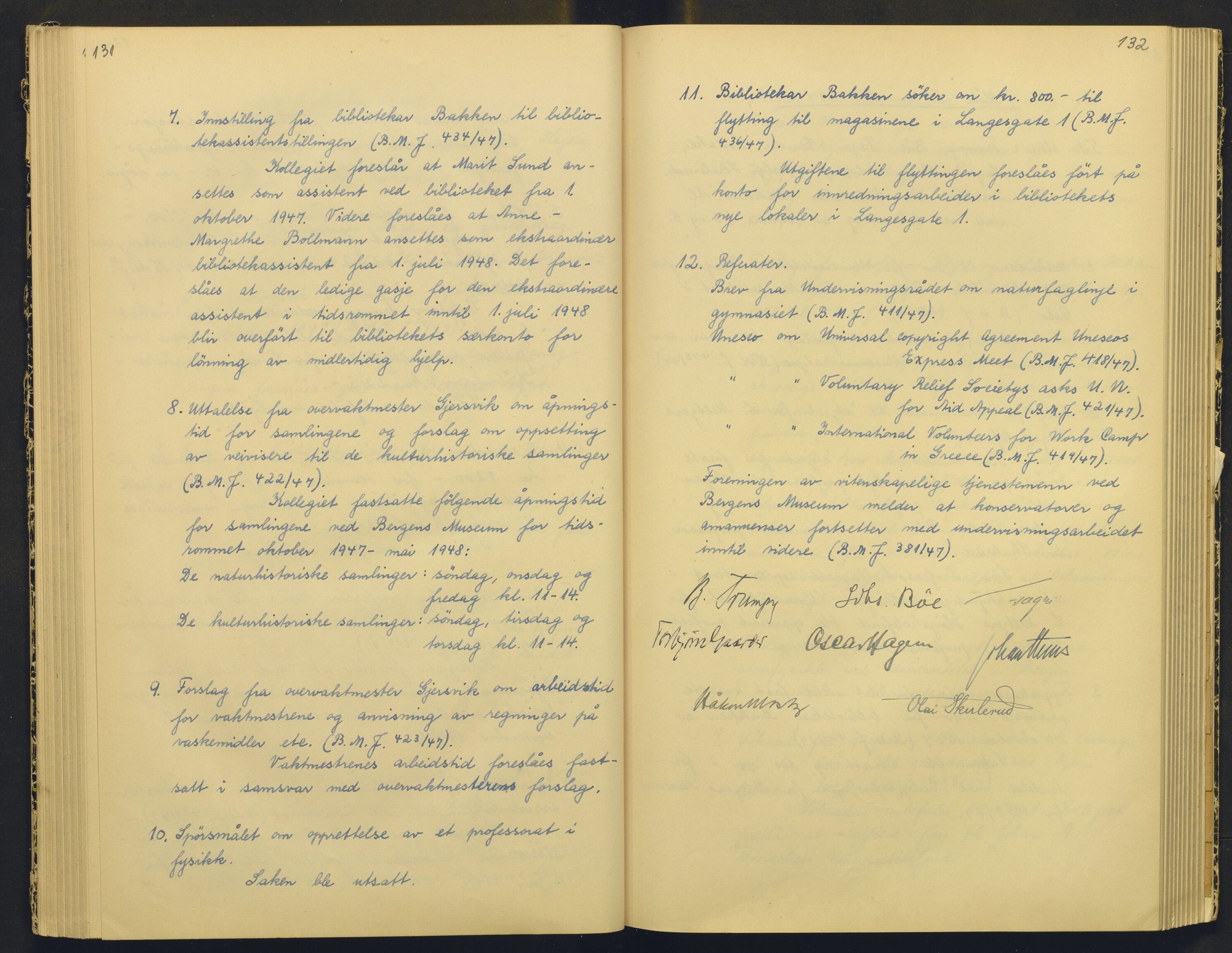 Bergens Museum, AV/SAB-A-17301/18/A/L0004: Professorkollegiets møtebok med register , 1945-1949, s. 131-132