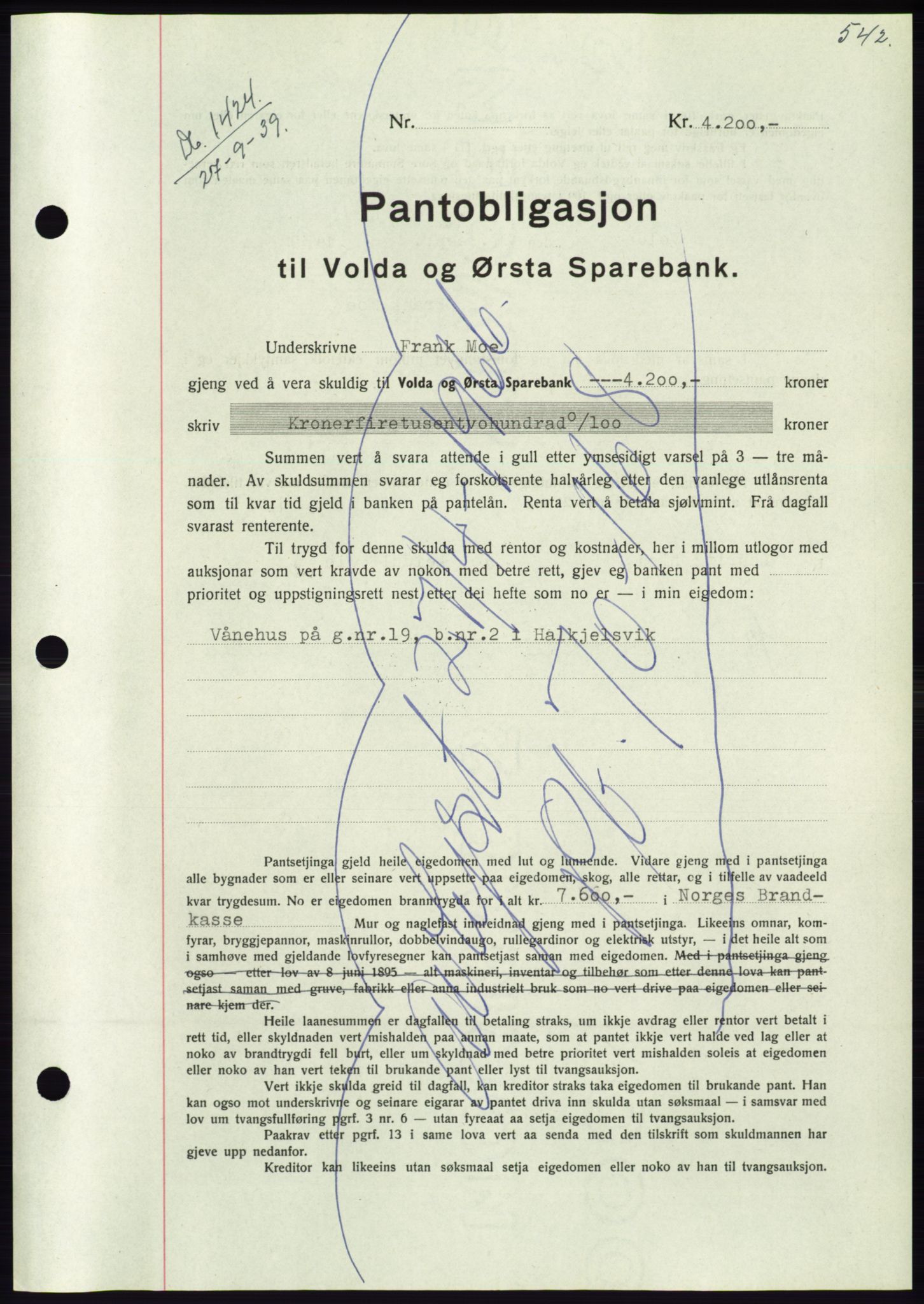 Søre Sunnmøre sorenskriveri, AV/SAT-A-4122/1/2/2C/L0068: Pantebok nr. 62, 1939-1939, Dagboknr: 1424/1939