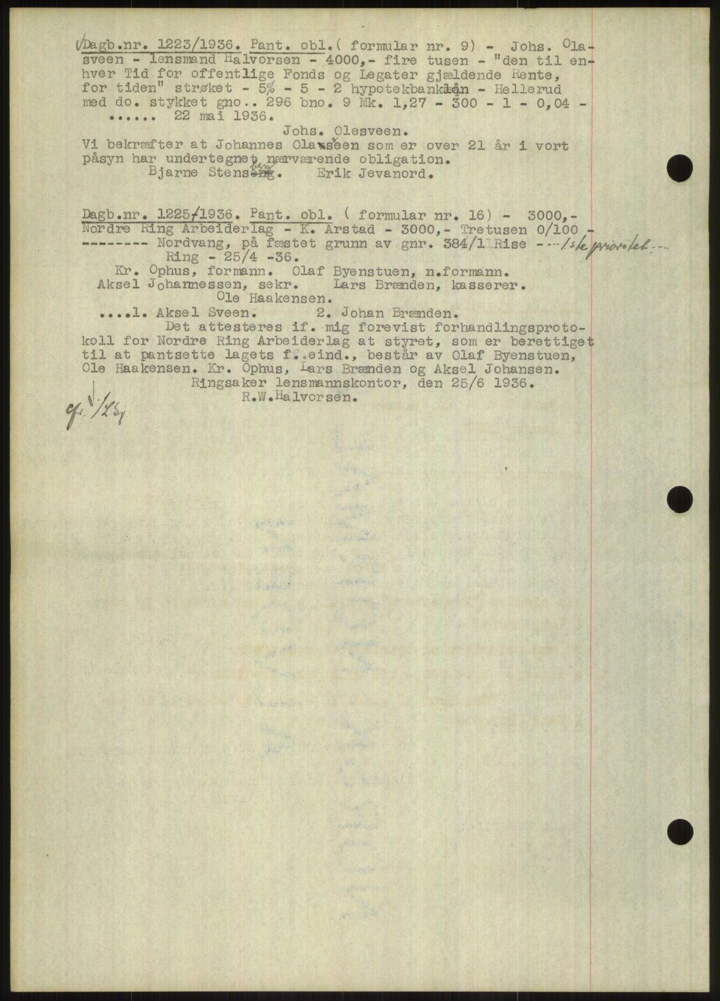 Nord-Hedmark sorenskriveri, SAH/TING-012/H/Hb/Hbf/L0001: Pantebok nr. B1, 1936-1936, Dagboknr: 1223/1936