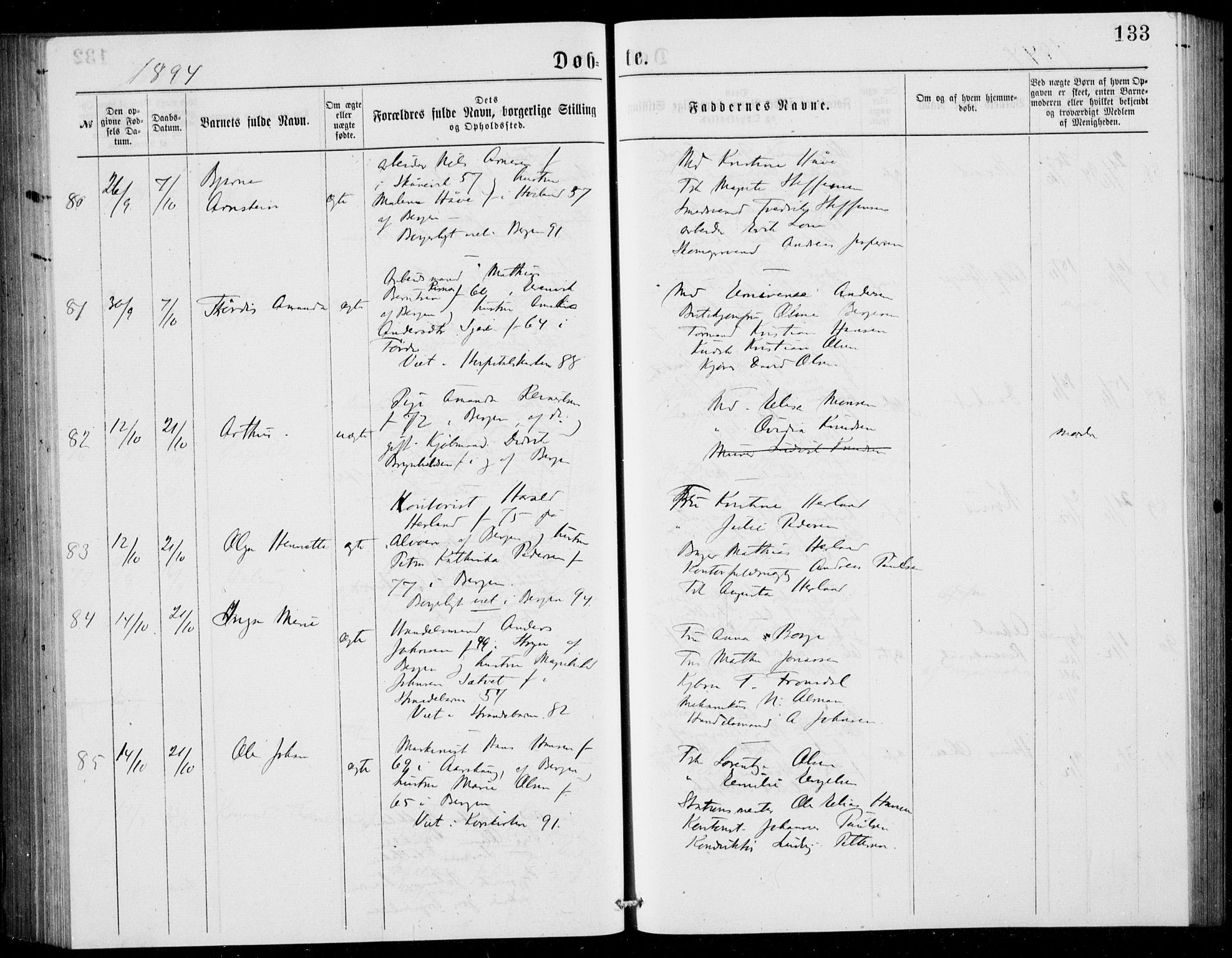 Fødselsstiftelsens sokneprestembete, ført av overlegen*, SAB/-: Ministerialbok nr. A 2, 1884-1900, s. 133