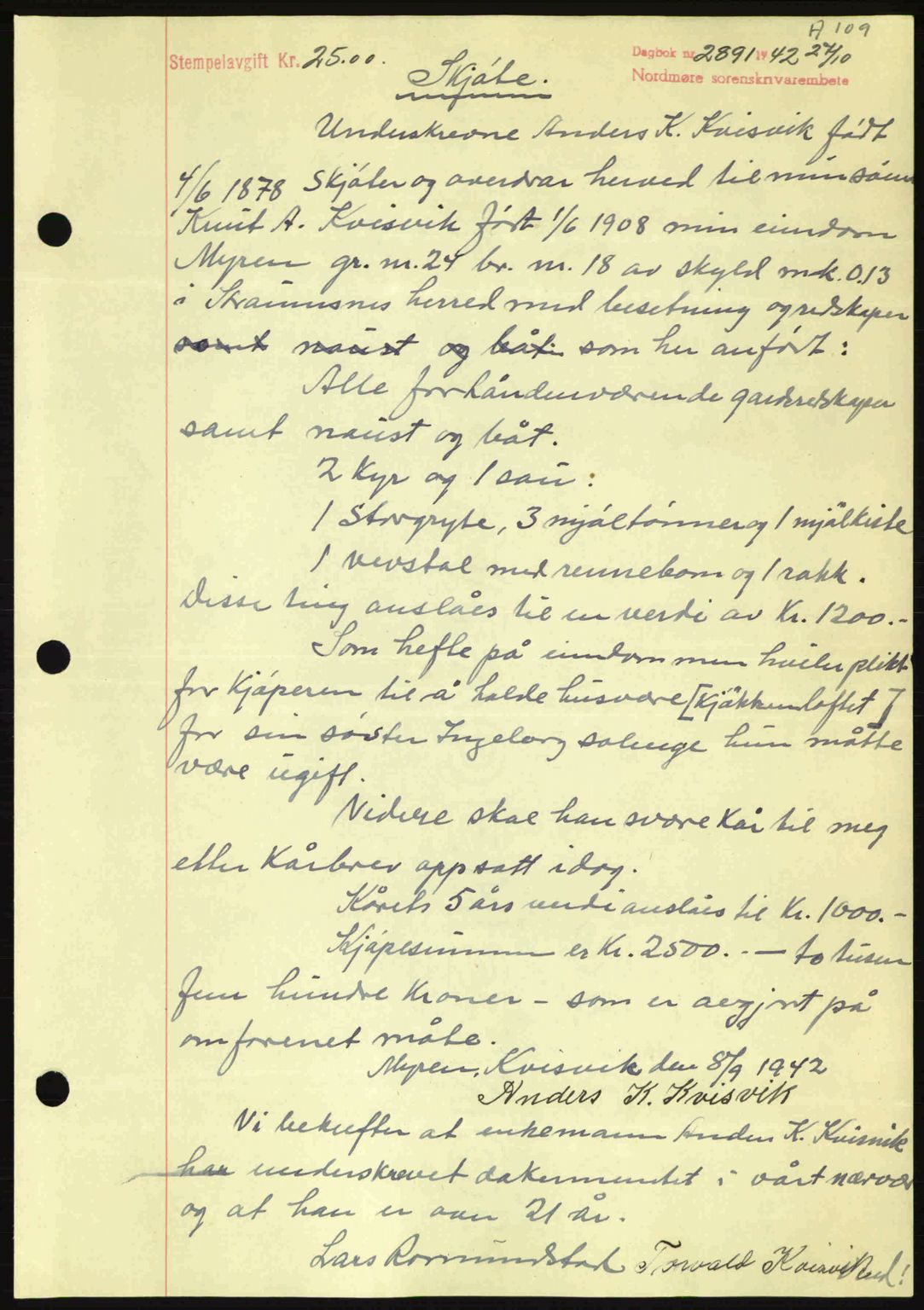 Nordmøre sorenskriveri, AV/SAT-A-4132/1/2/2Ca: Pantebok nr. A94, 1942-1943, Dagboknr: 2891/1942