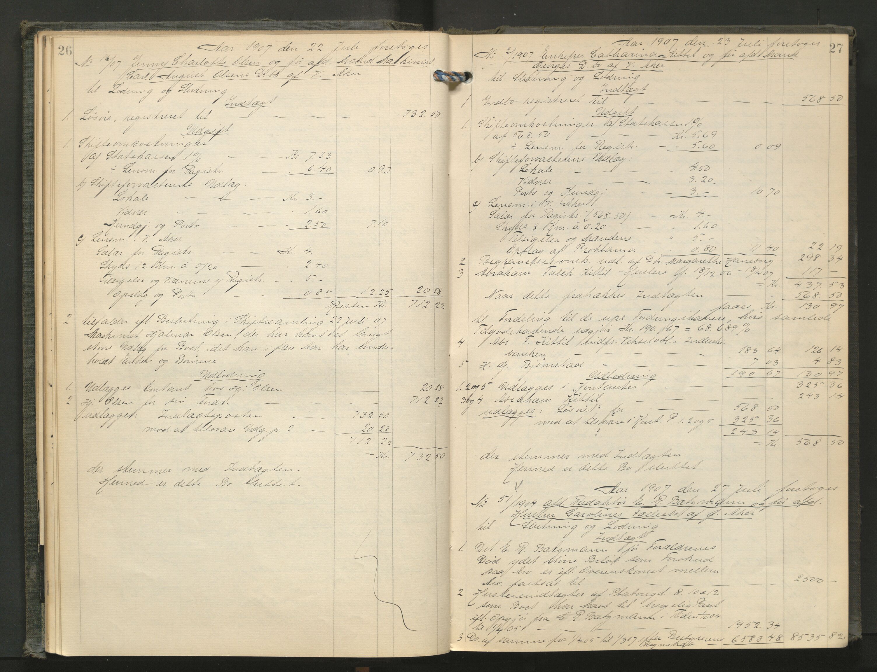 Aker kriminaldommer, skifte- og auksjonsforvalterembete, AV/SAO-A-10452/H/He/L0003: Utlodningsprotokoll, 1907-1911, s. 26-27