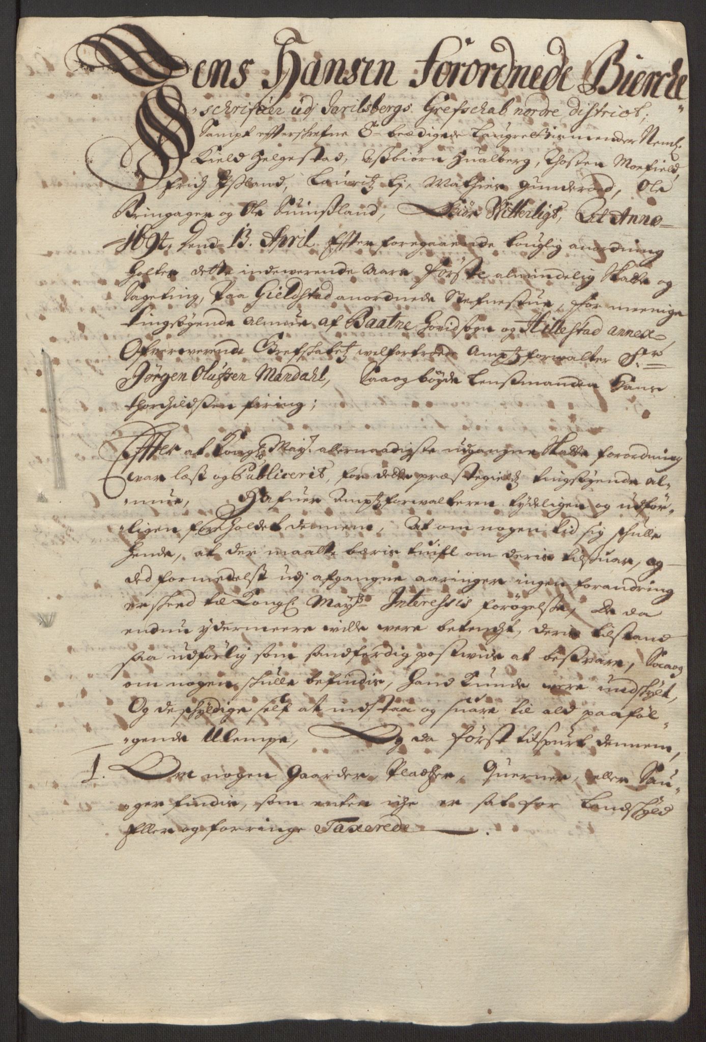 Rentekammeret inntil 1814, Reviderte regnskaper, Fogderegnskap, AV/RA-EA-4092/R32/L1867: Fogderegnskap Jarlsberg grevskap, 1694-1696, s. 73