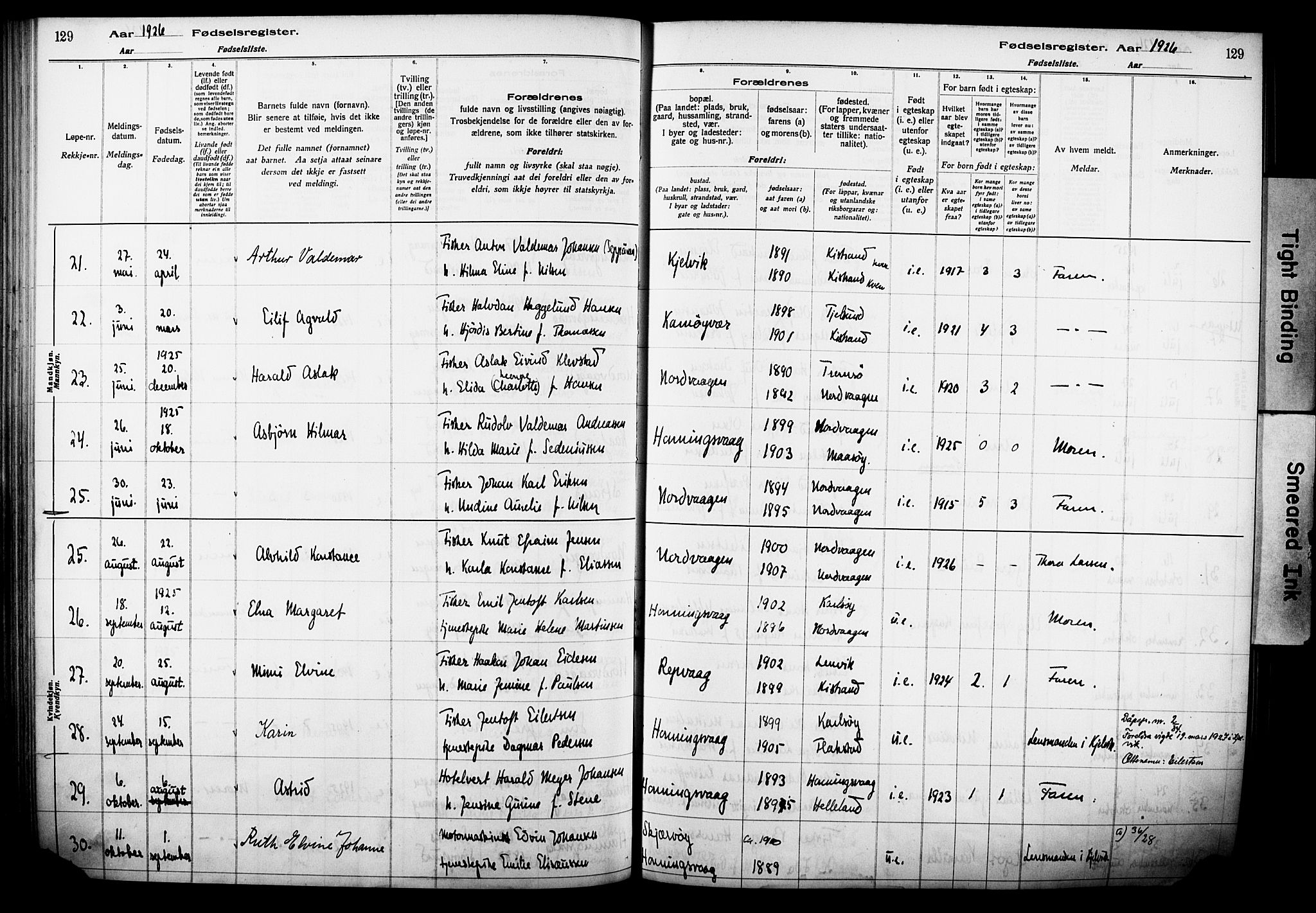 Kjelvik/Nordkapp sokneprestkontor, AV/SATØ-S-1350/I/Ia/L0015: Fødselsregister nr. 15, 1916-1930, s. 129