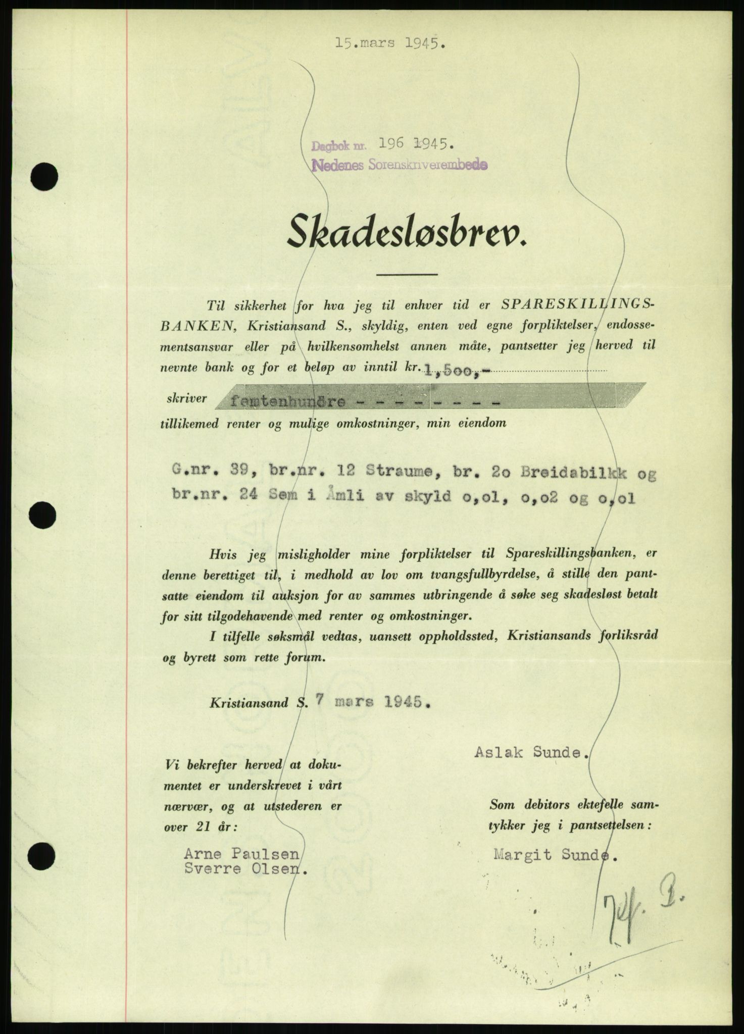 Nedenes sorenskriveri, SAK/1221-0006/G/Gb/Gbb/L0002: Pantebok nr. II, 1942-1945, Dagboknr: 196/1945