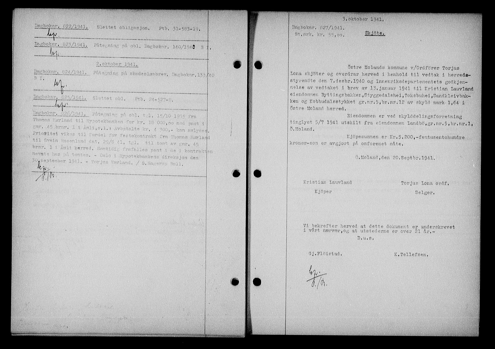 Nedenes sorenskriveri, AV/SAK-1221-0006/G/Gb/Gba/L0048: Pantebok nr. A-II, 1940-1941, Dagboknr: 827/1941