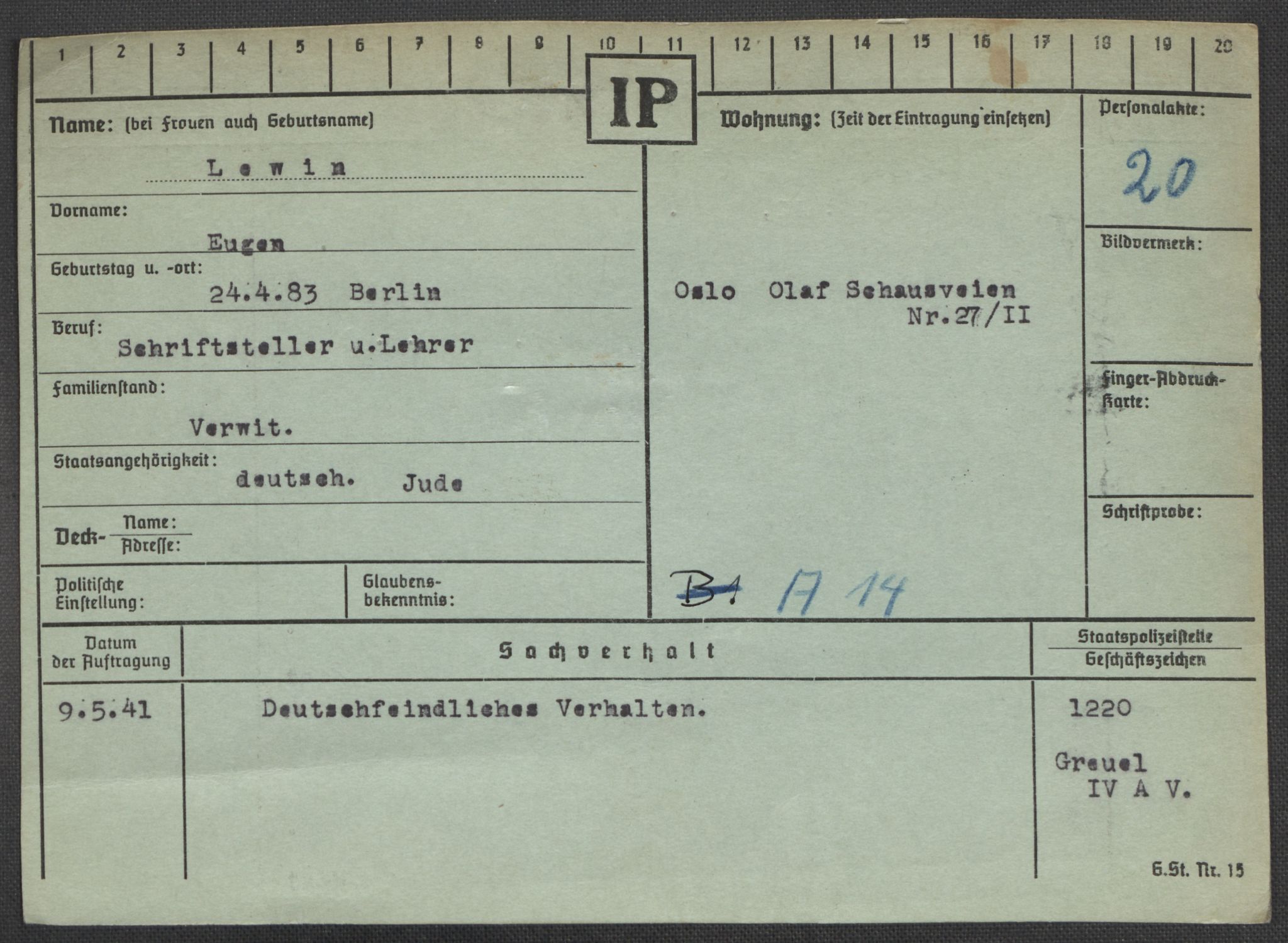 Befehlshaber der Sicherheitspolizei und des SD, AV/RA-RAFA-5969/E/Ea/Eaa/L0006: Register over norske fanger i Møllergata 19: Kj-Lund, 1940-1945, s. 1021