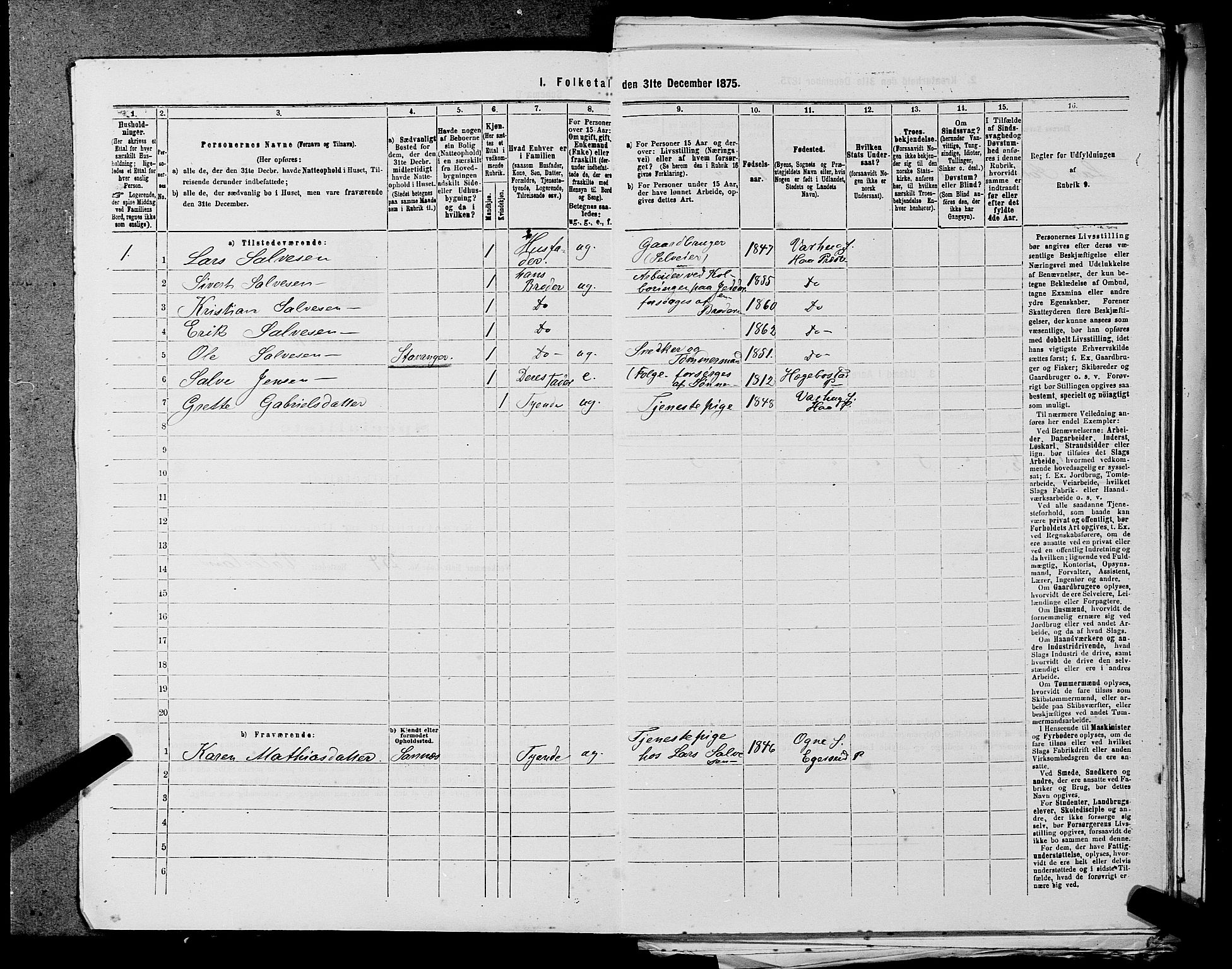 SAST, Folketelling 1875 for 1119P Hå prestegjeld, 1875, s. 1064