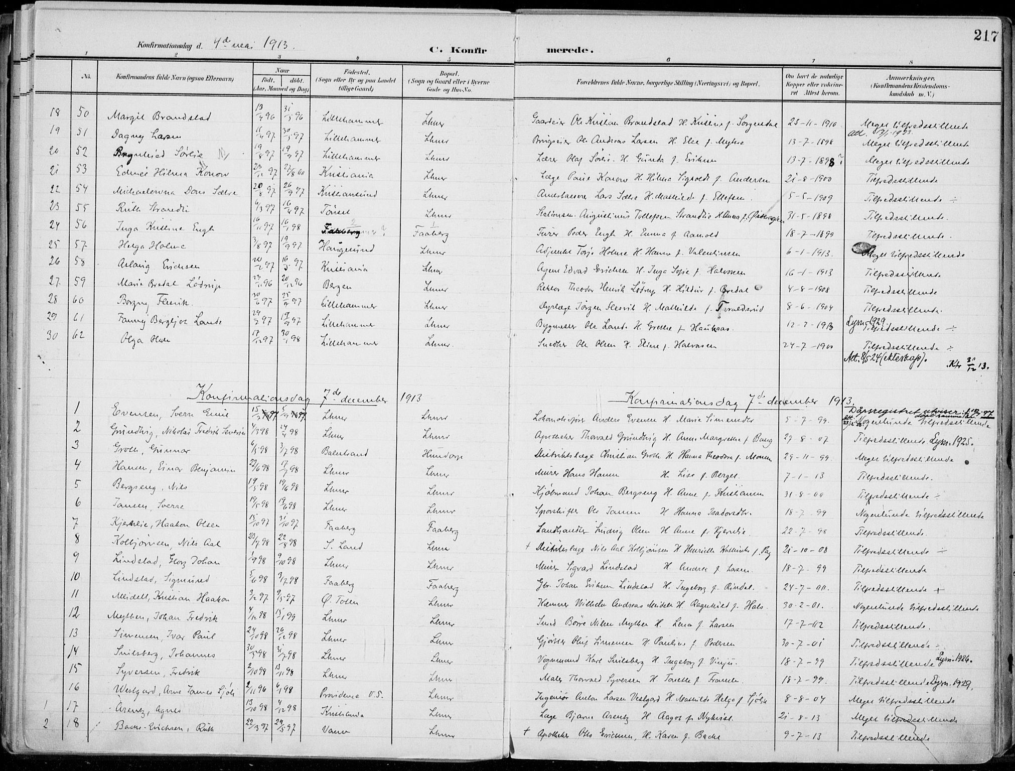 Lillehammer prestekontor, SAH/PREST-088/H/Ha/Haa/L0001: Ministerialbok nr. 1, 1901-1916, s. 217