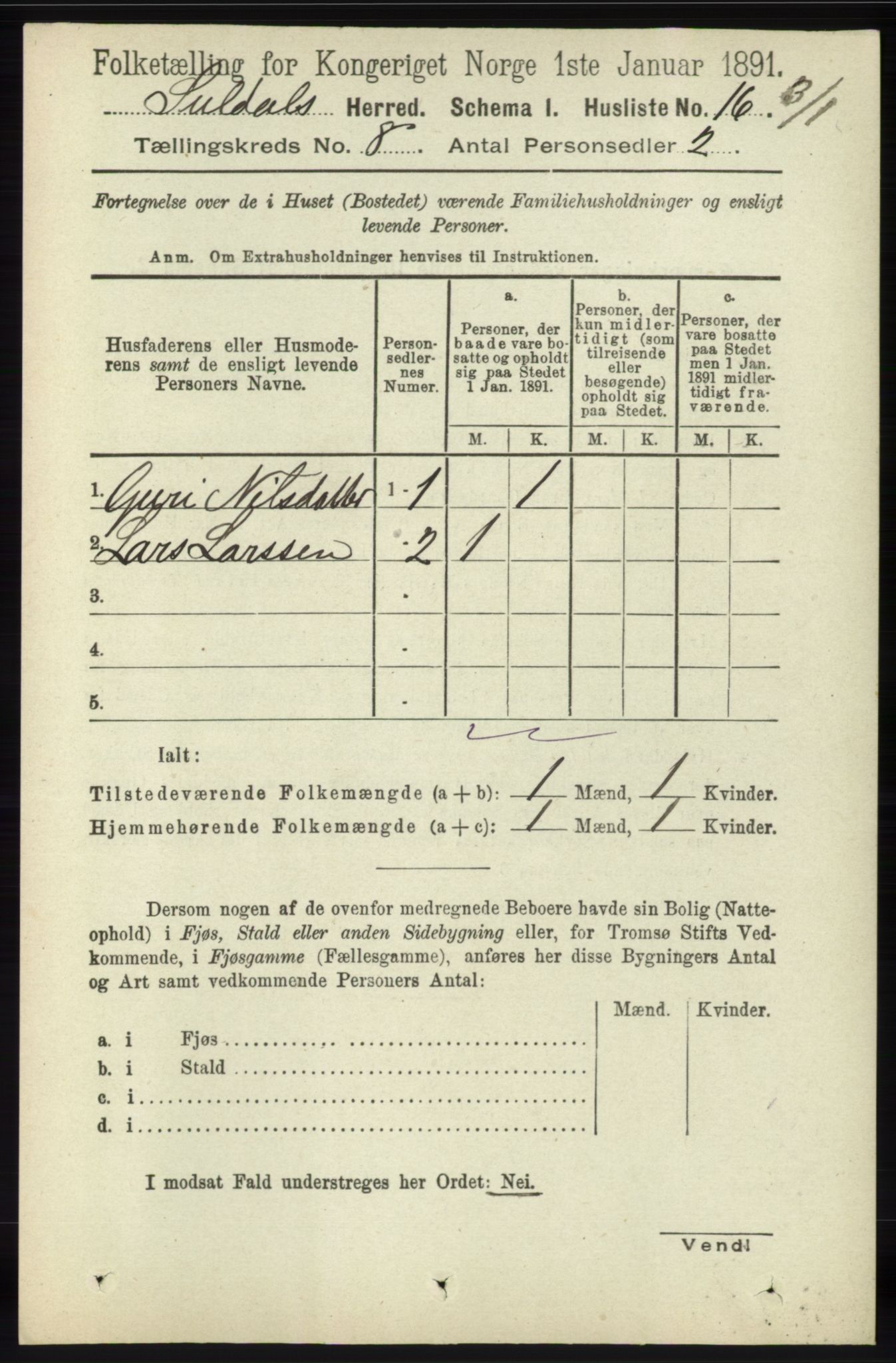 RA, Folketelling 1891 for 1134 Suldal herred, 1891, s. 2254