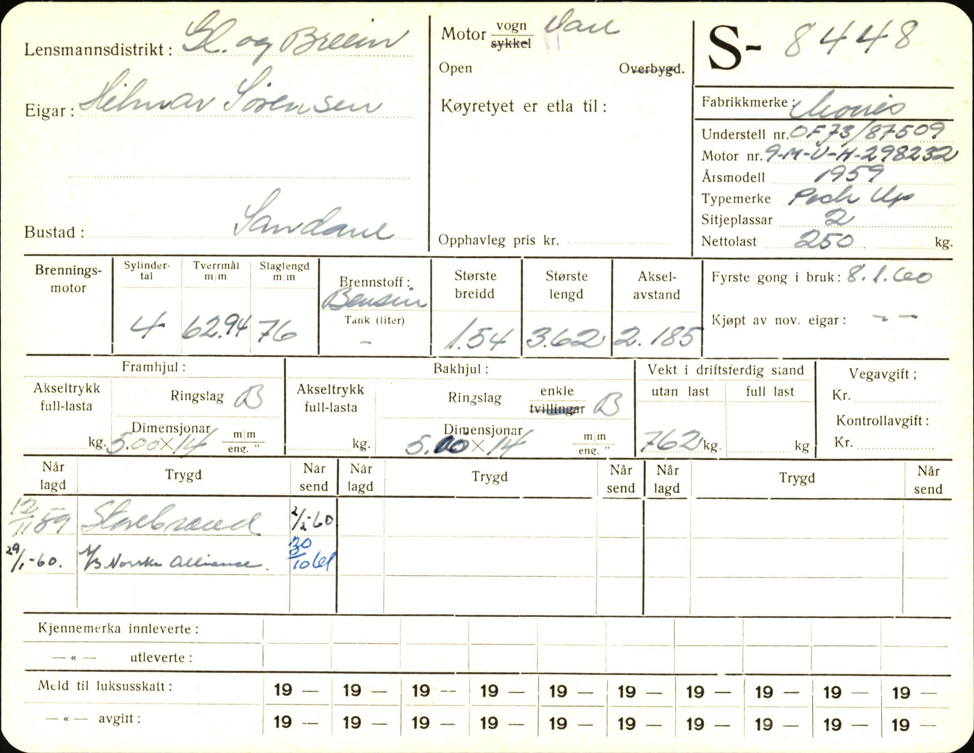 Statens vegvesen, Sogn og Fjordane vegkontor, AV/SAB-A-5301/4/F/L0006: Registerkort utmeldte Fjordane S8300-9500, 1930-1961, s. 219