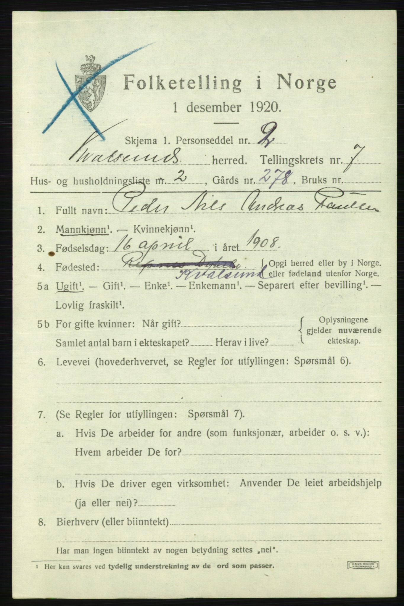 SATØ, Folketelling 1920 for 2017 Kvalsund herred, 1920, s. 2138