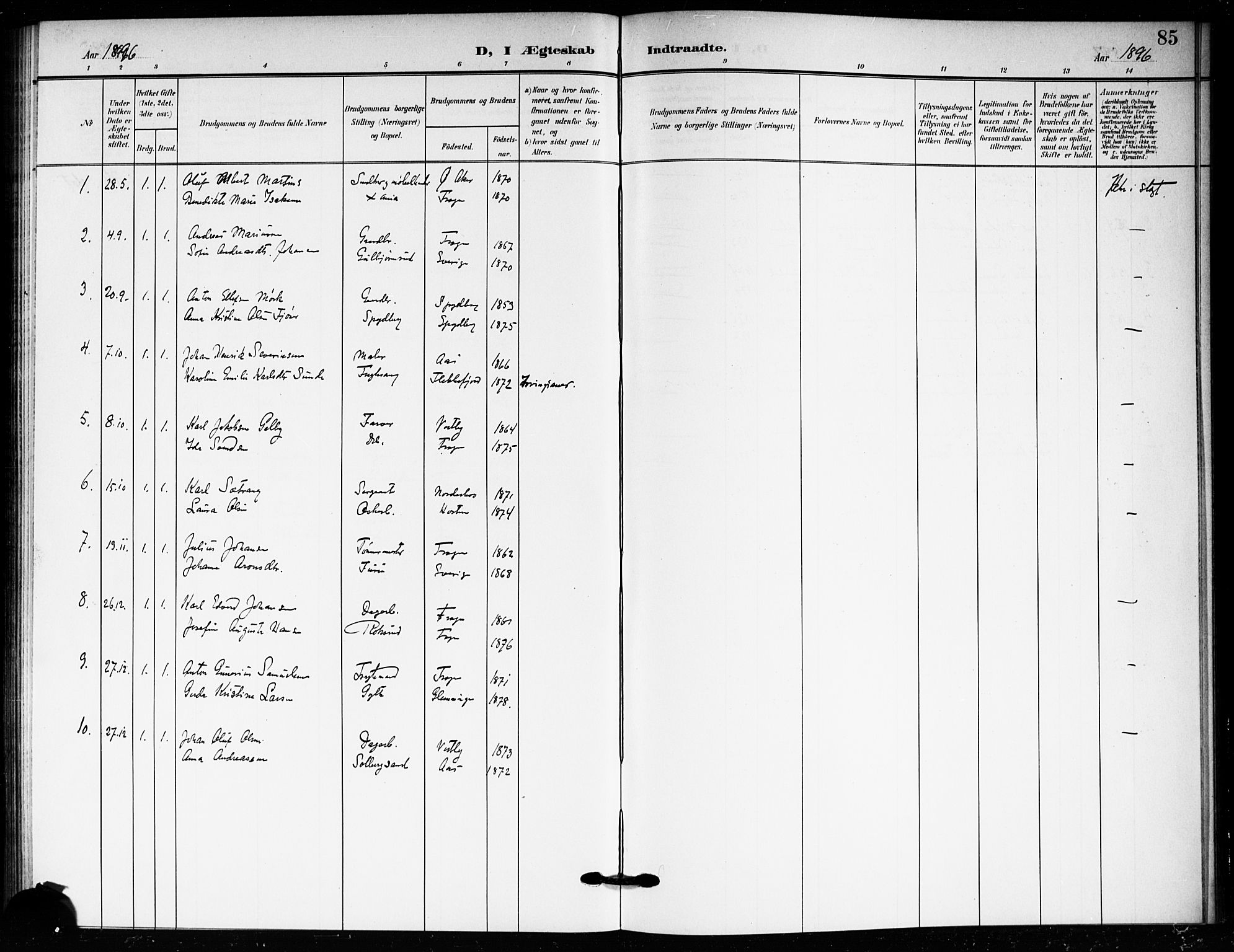 Drøbak prestekontor Kirkebøker, SAO/A-10142a/F/Fc/L0001: Ministerialbok nr. III 1, 1871-1900, s. 85