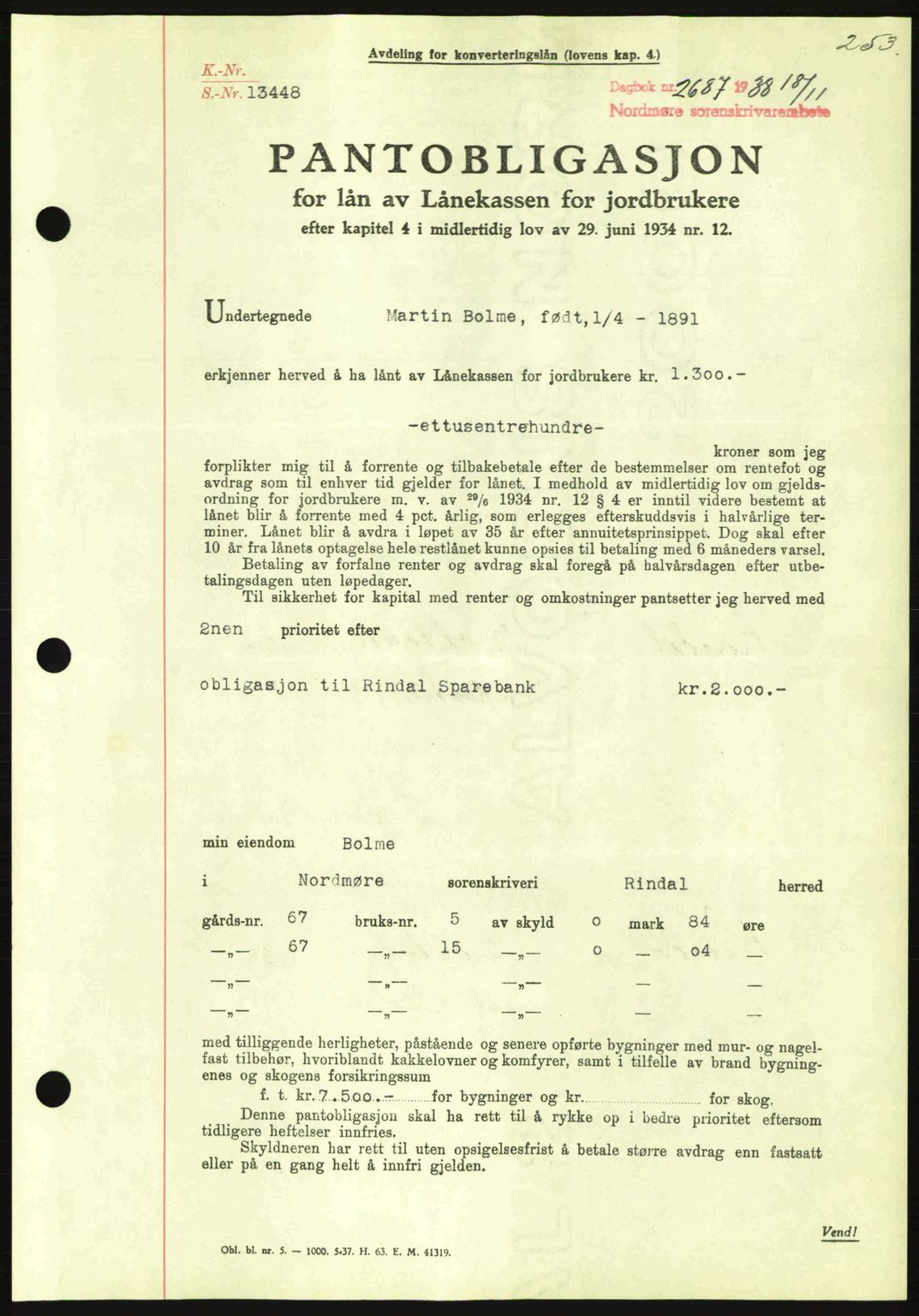 Nordmøre sorenskriveri, SAT/A-4132/1/2/2Ca: Pantebok nr. B84, 1938-1939, Dagboknr: 2687/1938