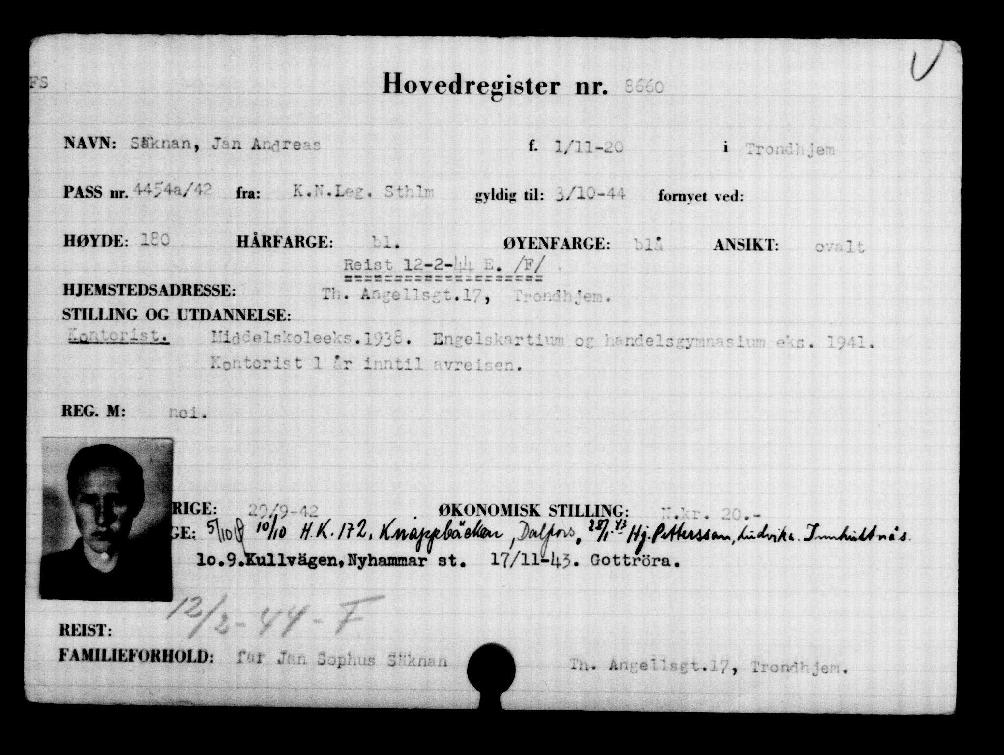 Utenriksstasjonene, Legasjonen i Stockholm, Flyktningkontoret, AV/RA-S-6753/V/Va/L0005: Kjesäterkartoteket, flyktninger med registreringsnr. 6600-9417, 1940-1945, s. 2408