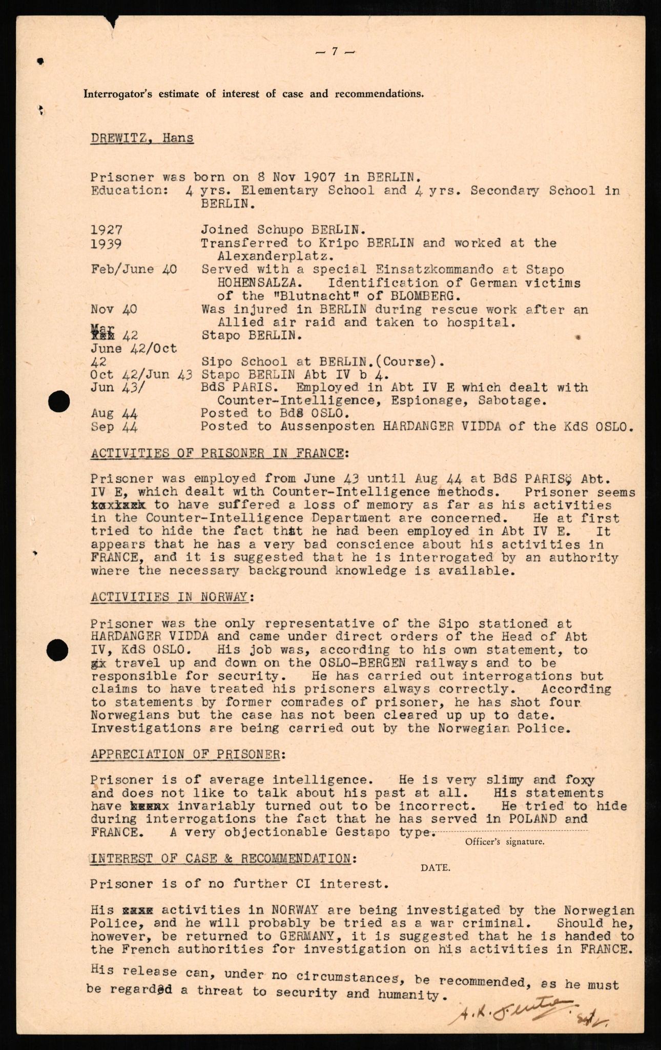 Forsvaret, Forsvarets overkommando II, RA/RAFA-3915/D/Db/L0006: CI Questionaires. Tyske okkupasjonsstyrker i Norge. Tyskere., 1945-1946, s. 262