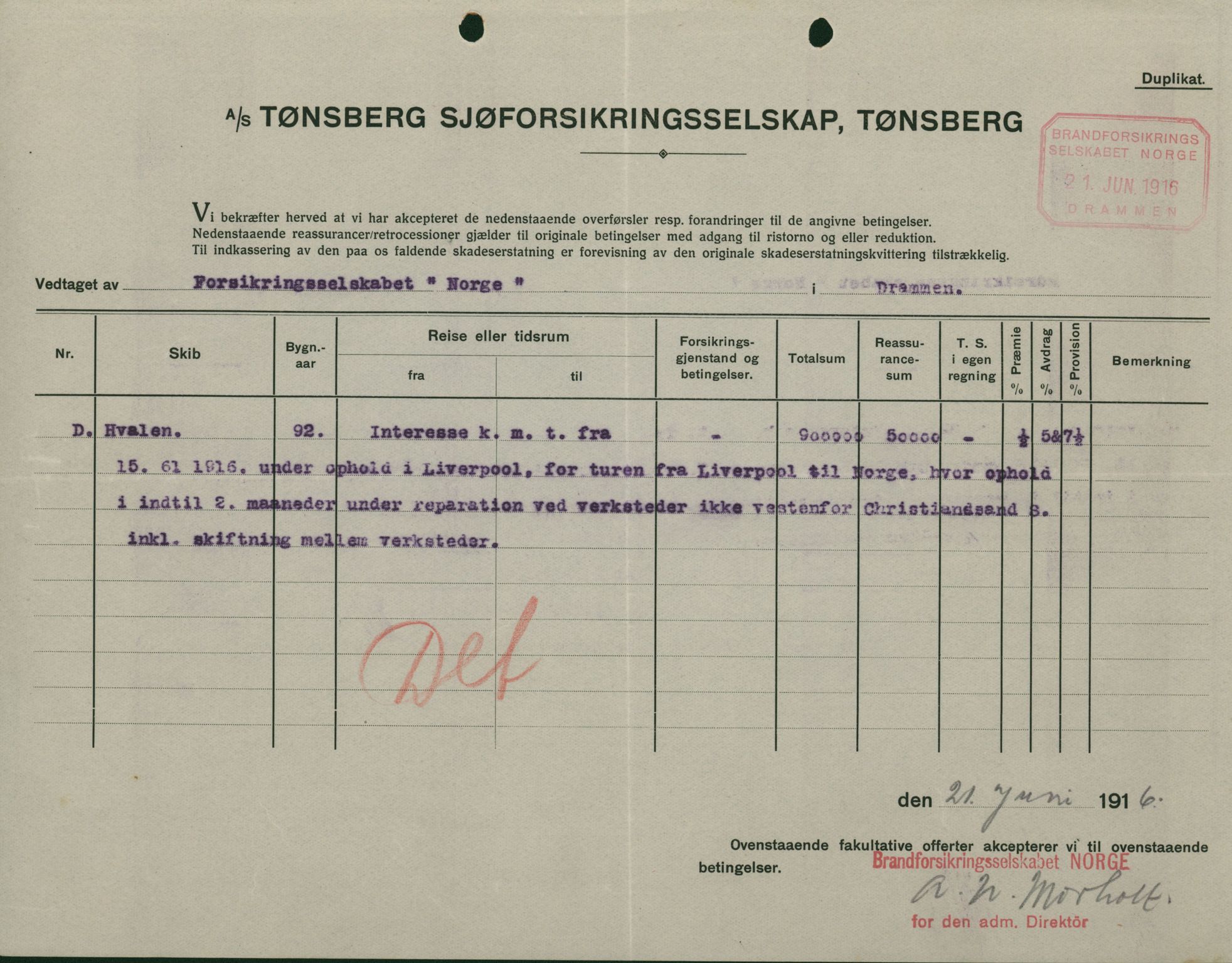 Pa 664 - Tønsberg Sjøforsikringsselskap, VEMU/A-1773/F/L0001: Forsikringspoliser, 1915-1918