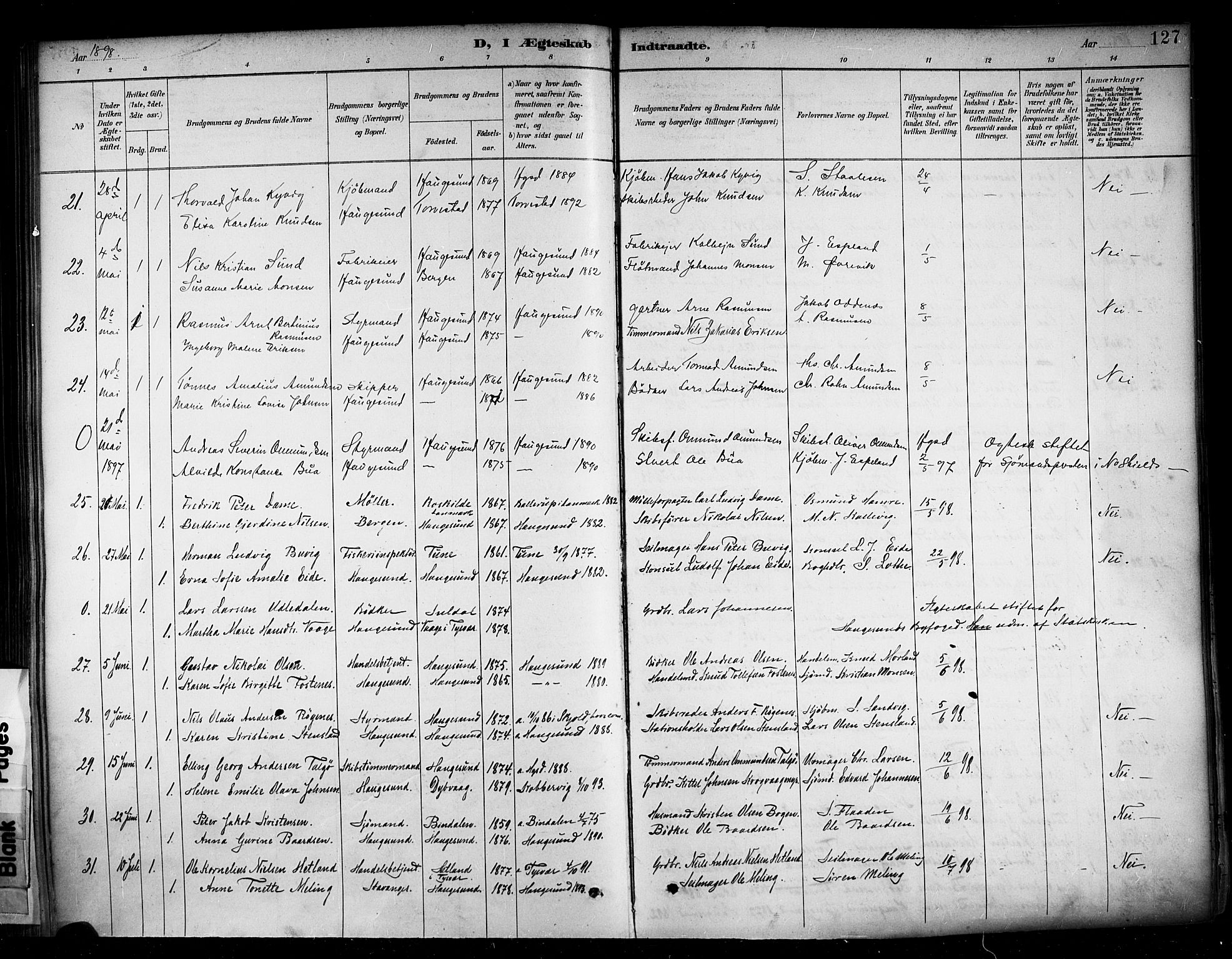 Haugesund sokneprestkontor, AV/SAST-A -101863/H/Ha/Haa/L0005: Ministerialbok nr. A 5, 1891-1903, s. 127