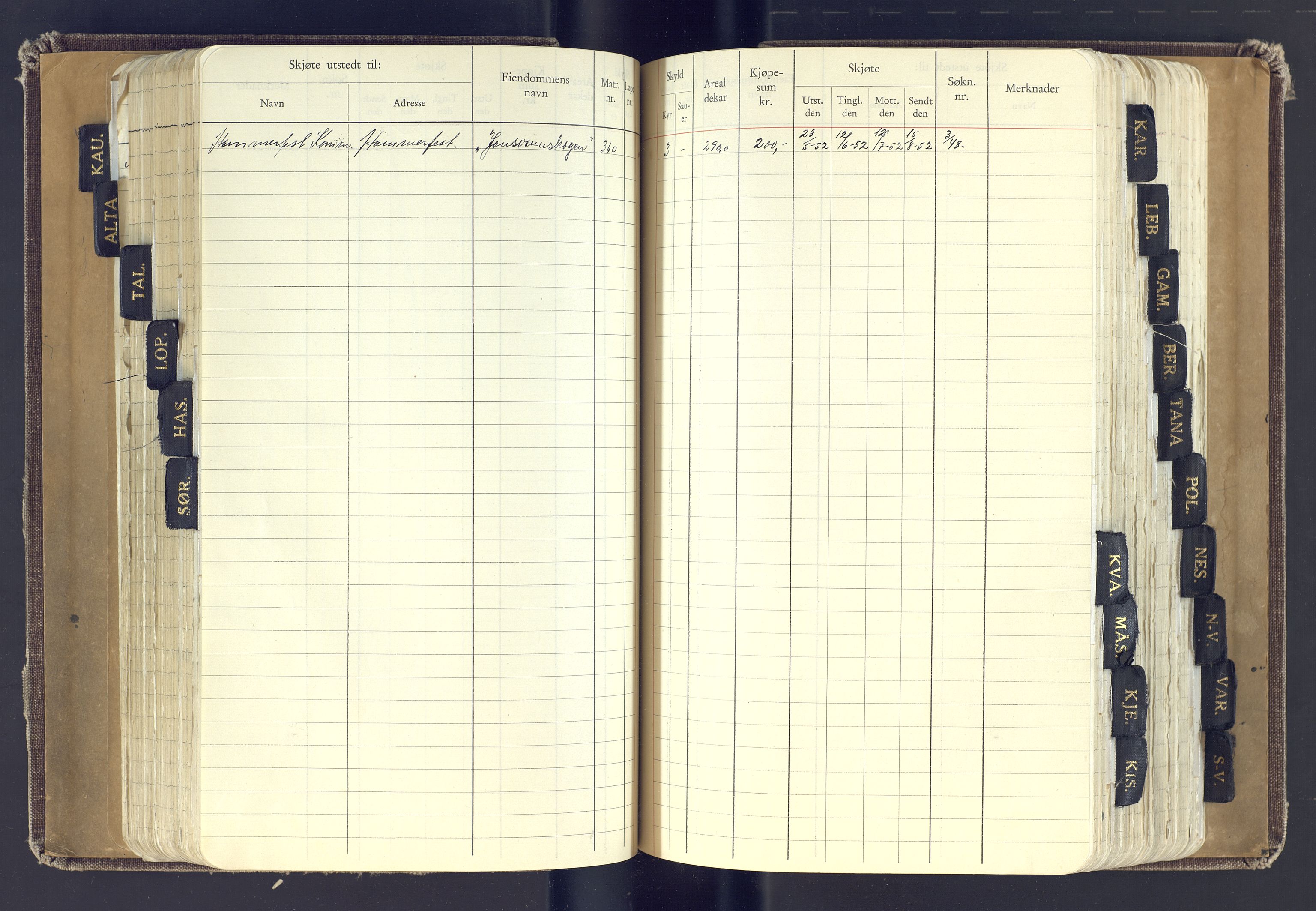 Finnmark jordsalgskommisjon/jordsalgskontor og Statskog SF Finnmark jordsalgskontor, AV/SATØ-S-1443/J/Jc/L0001: Skjøtebok, 1932-1983