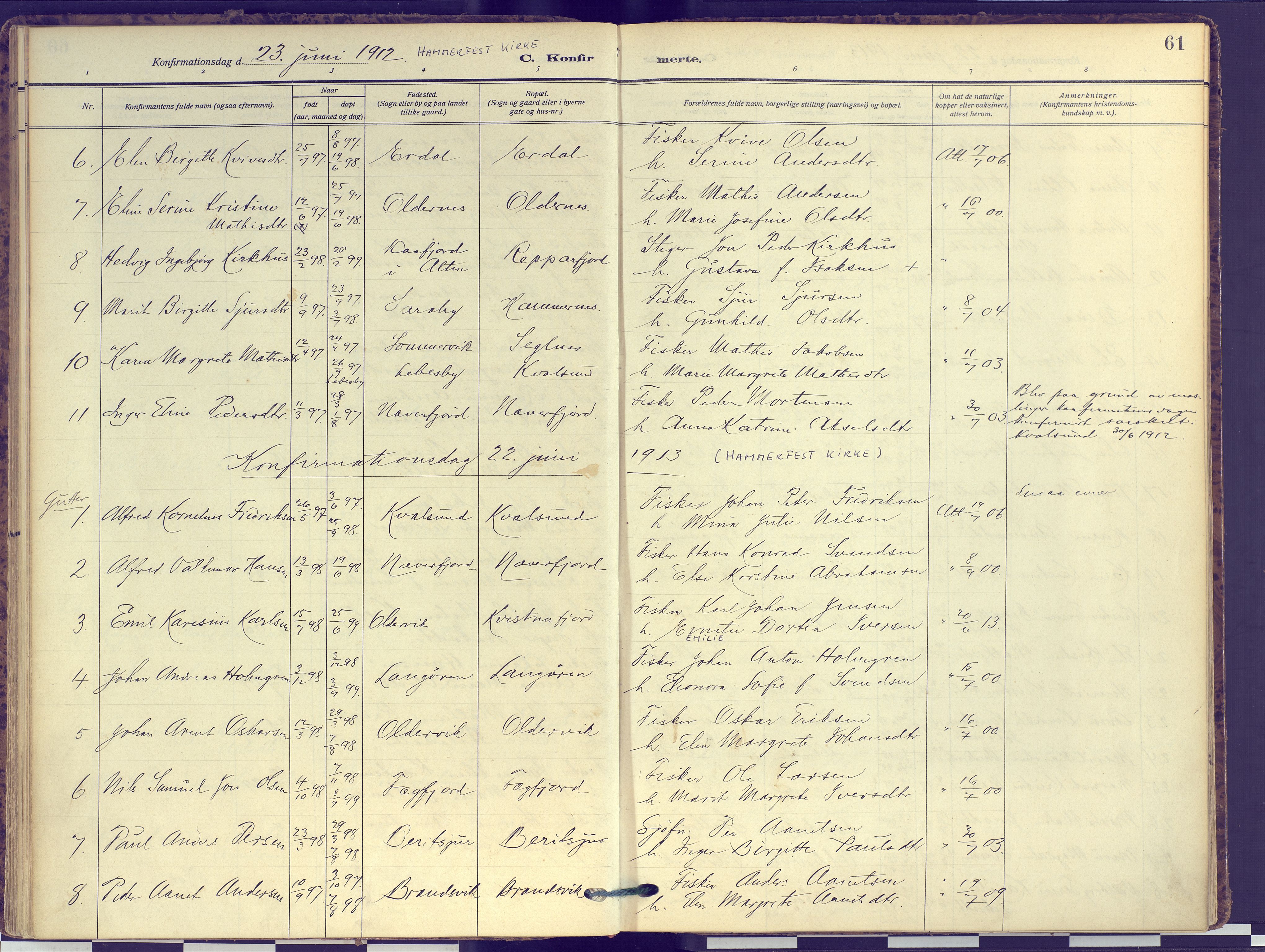 Hammerfest sokneprestkontor, AV/SATØ-S-1347/H/Ha/L0016.kirke: Ministerialbok nr. 16, 1908-1923, s. 61
