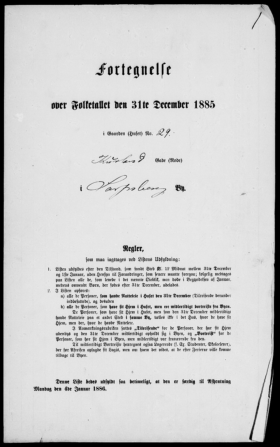 RA, Folketelling 1885 for 0102 Sarpsborg kjøpstad, 1885, s. 1