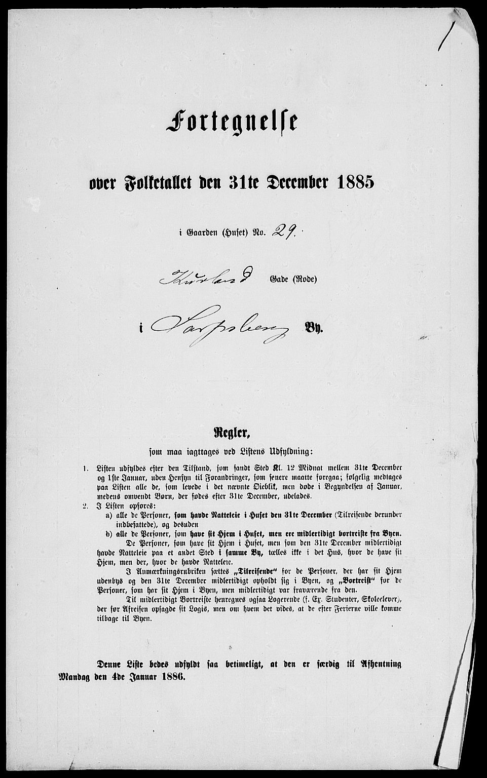 RA, Folketelling 1885 for 0102 Sarpsborg kjøpstad, 1885, s. 1