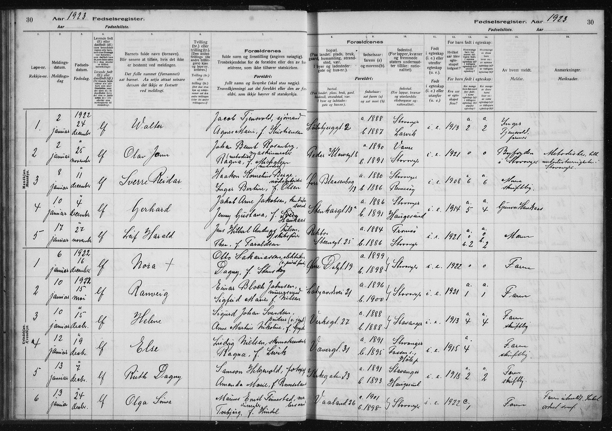 St. Petri sokneprestkontor, AV/SAST-A-101813/002/A/L0002: Fødselsregister nr. 2, 1922-1929, s. 30