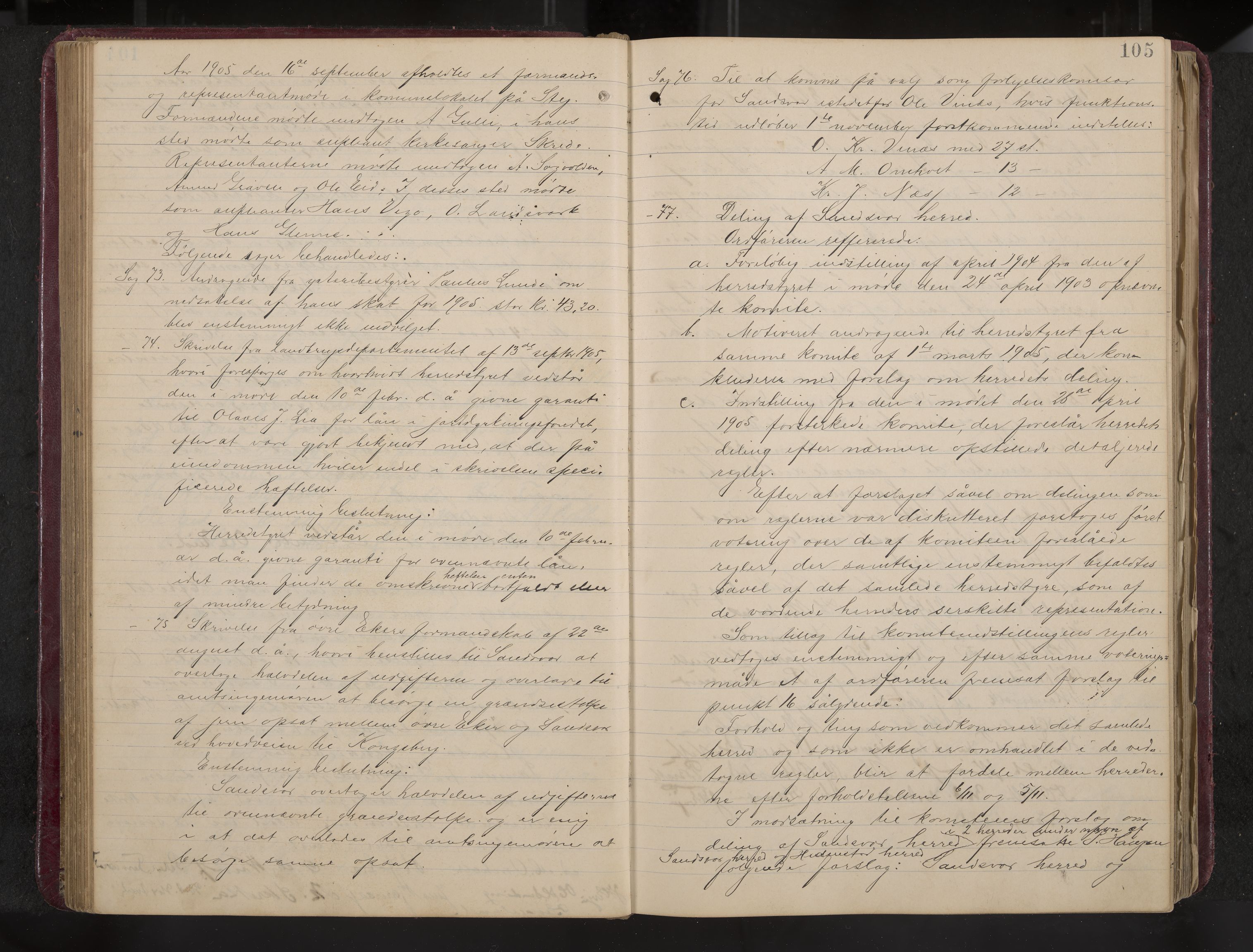 Ytre Sandsvær formannskap og sentraladministrasjon, IKAK/0629021/A/Aa/L0001: Møtebok med register, 1902-1919, s. 105