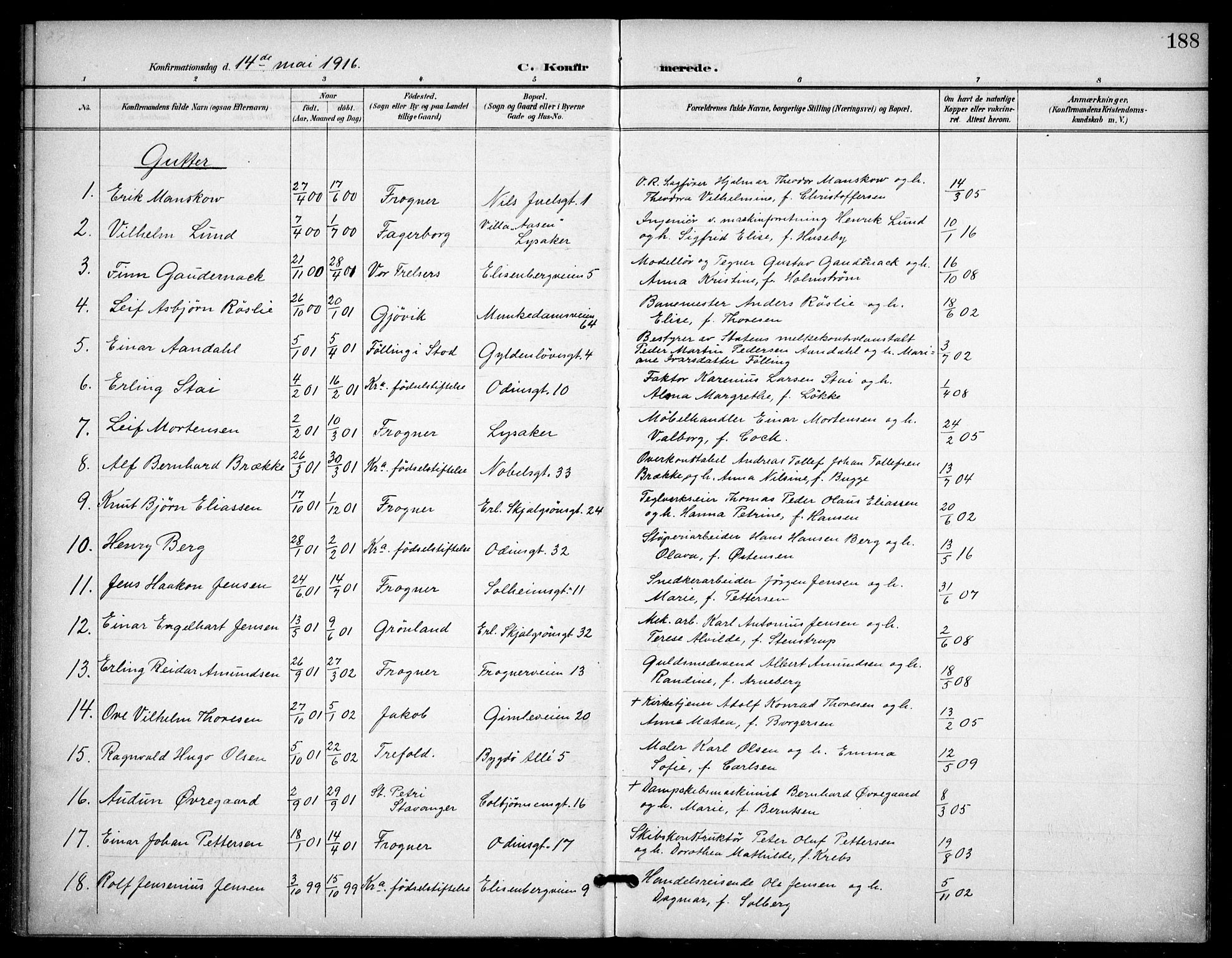 Frogner prestekontor Kirkebøker, AV/SAO-A-10886/F/Fa/L0001: Ministerialbok nr. 1, 1898-1916, s. 188