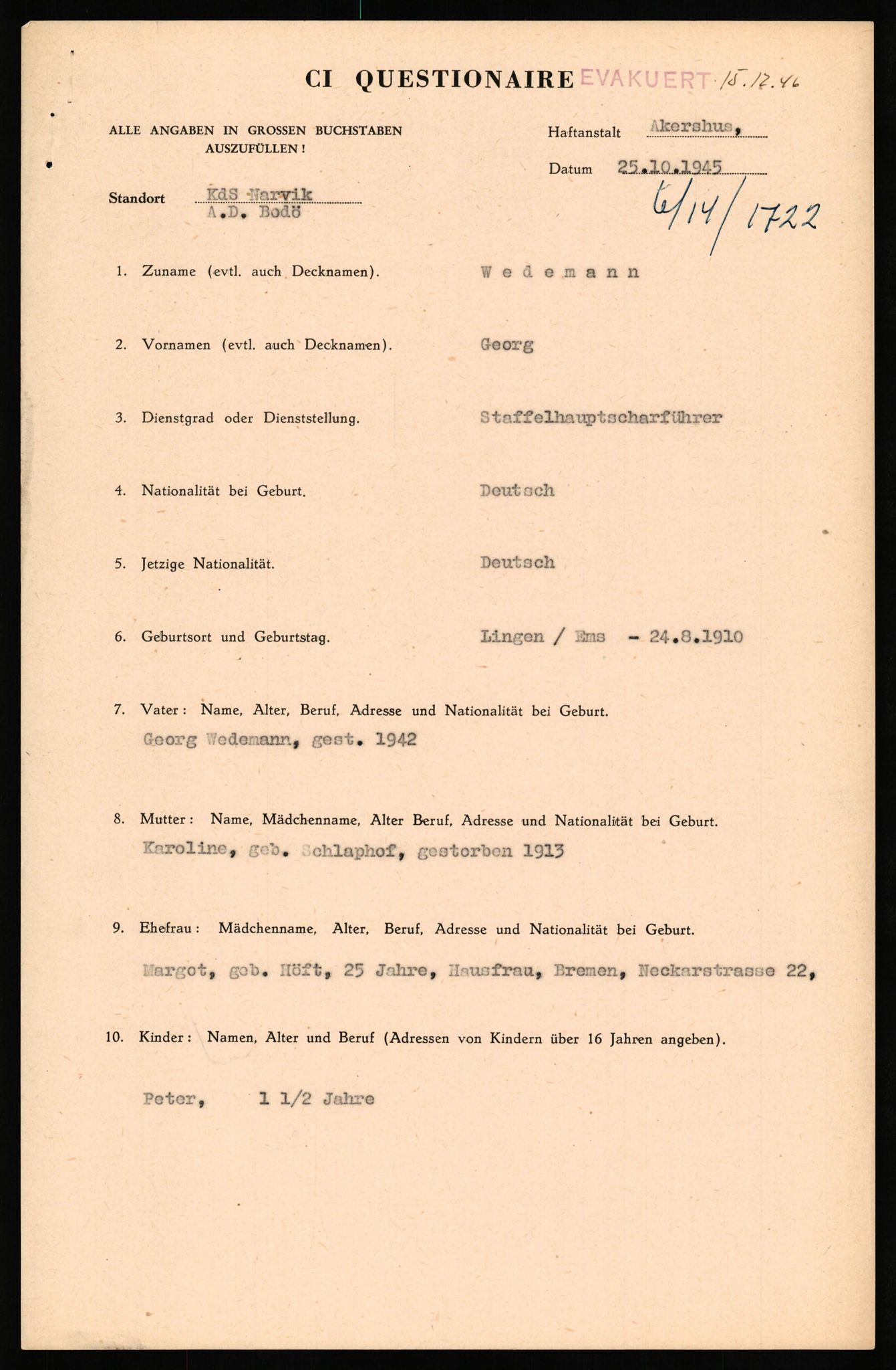 Forsvaret, Forsvarets overkommando II, AV/RA-RAFA-3915/D/Db/L0035: CI Questionaires. Tyske okkupasjonsstyrker i Norge. Tyskere., 1945-1946, s. 54