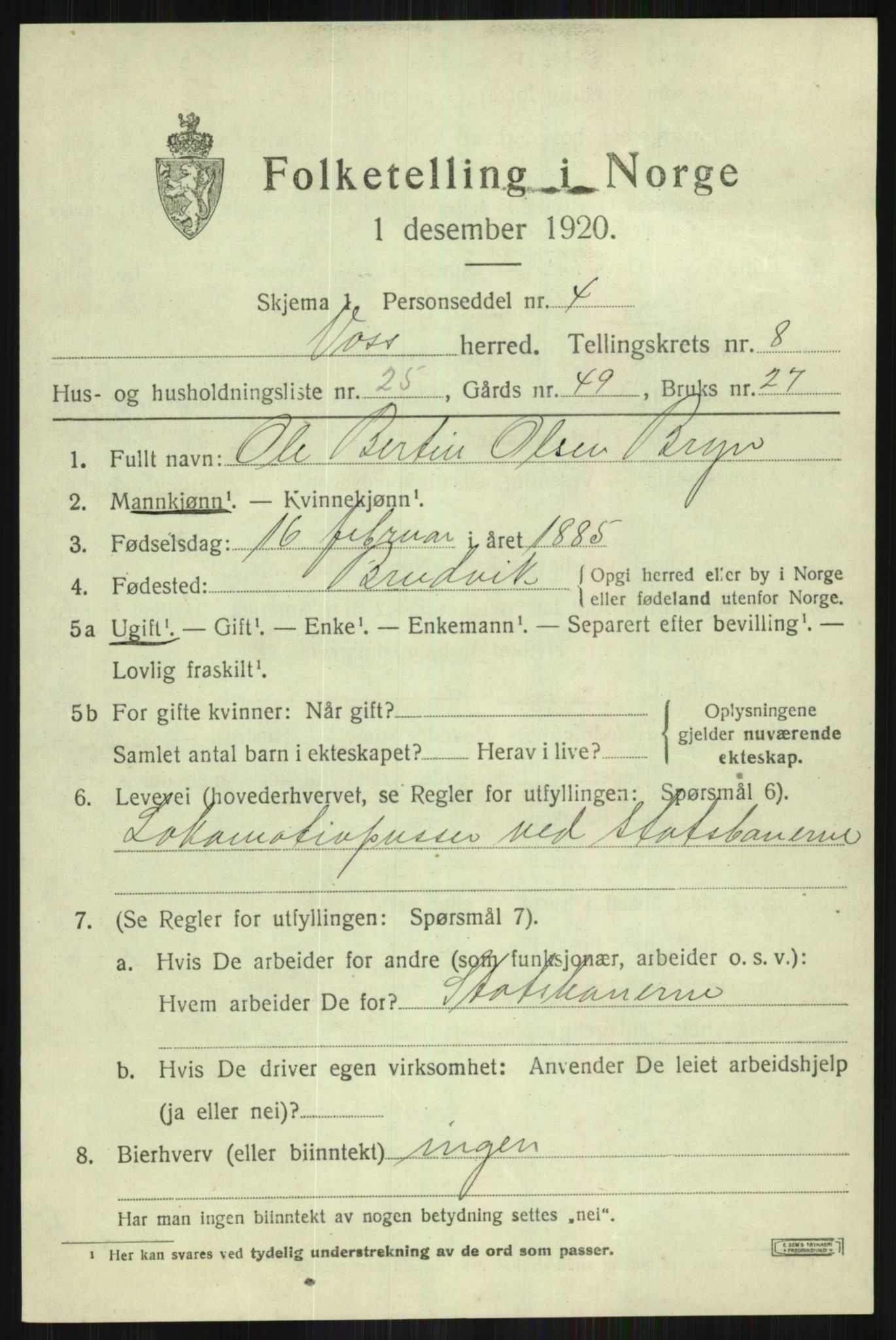 SAB, Folketelling 1920 for 1235 Voss herred, 1920, s. 8069